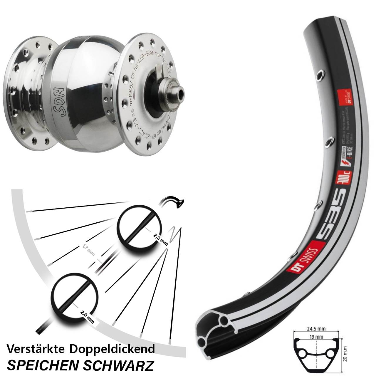 Vorderrad mit Nabendynamo 28 Zoll DT Swiss 535 SON delux wide body für Schnellspanner