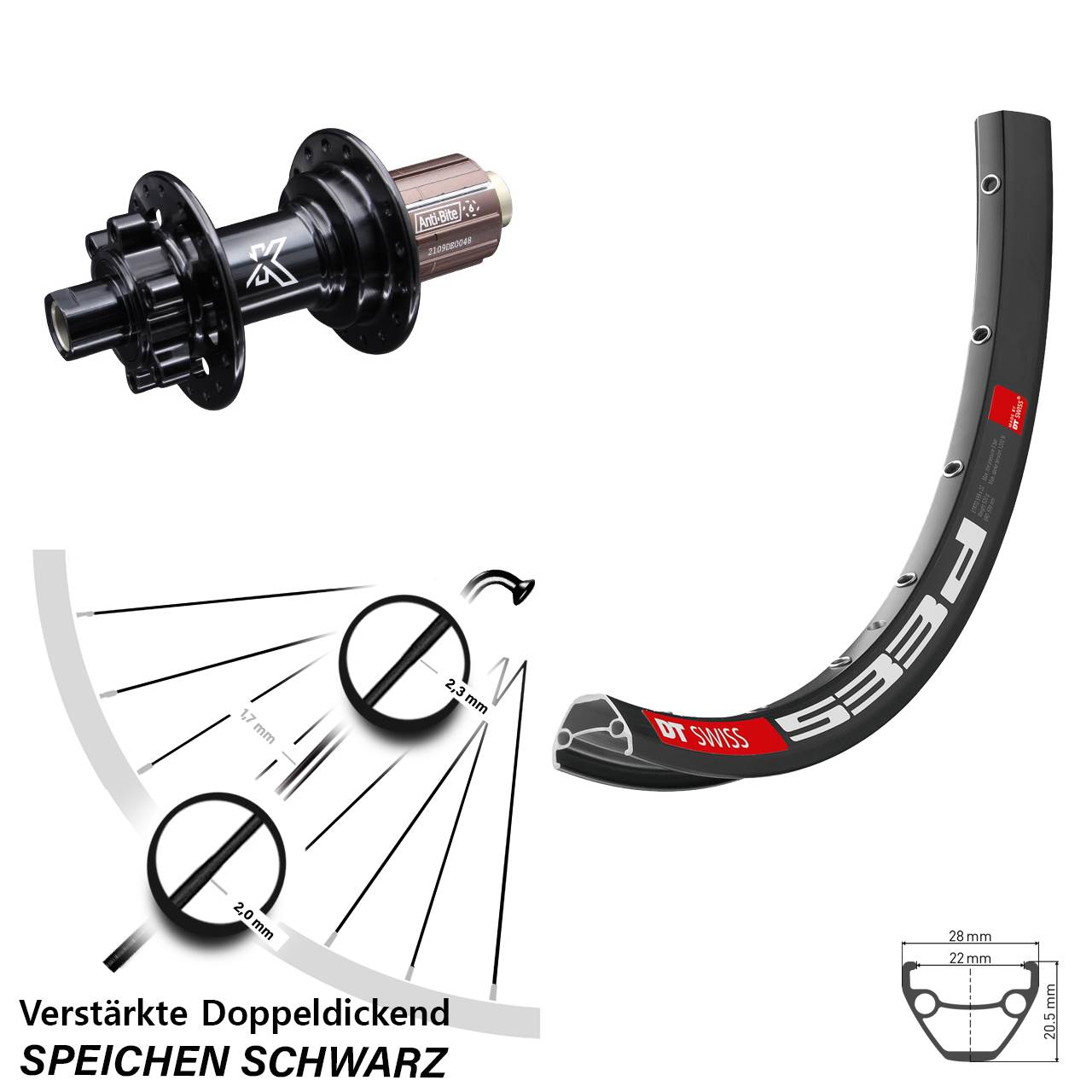 26 Zoll DT Swiss 533d KX-M Hinterrad 6-Loch 12x142 8-12 fach