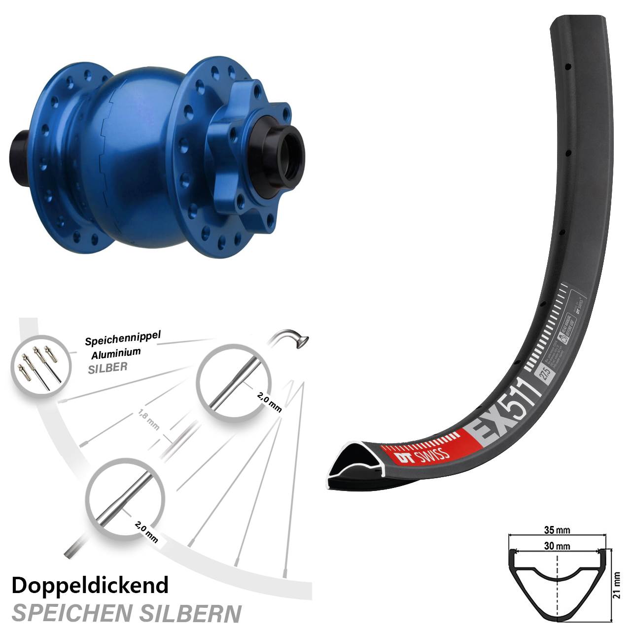 27,5 Zoll Vorderes Rad mit Nabendynamo DT Swiss EX 511 Son 28-15 Boost blau eloxiert