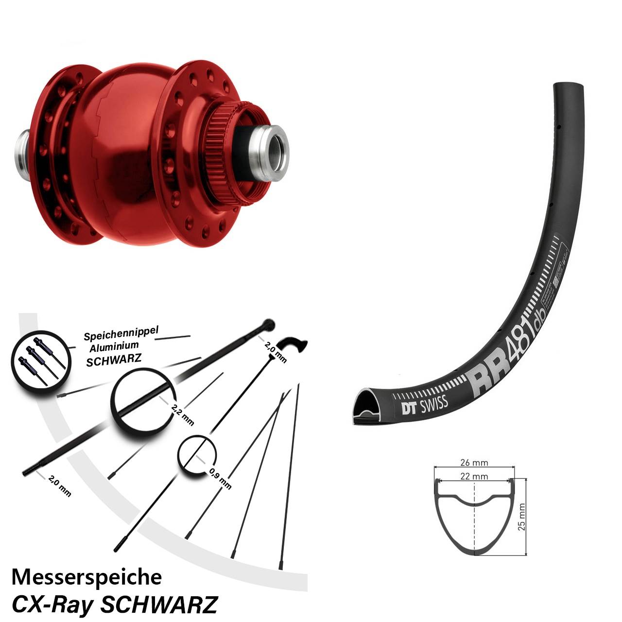 Vorderrad 28 Zoll Dynamo SON 28-12 rot DT Swiss RR 481 CX Ray Messerspeichen Road Disc