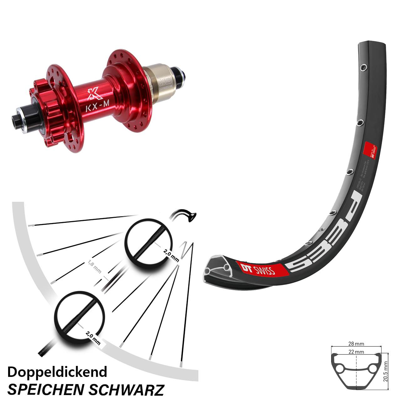 DT Swiss 533d KX-M rot 26 Zoll Hinterrad 6-Loch QR SRAM XD