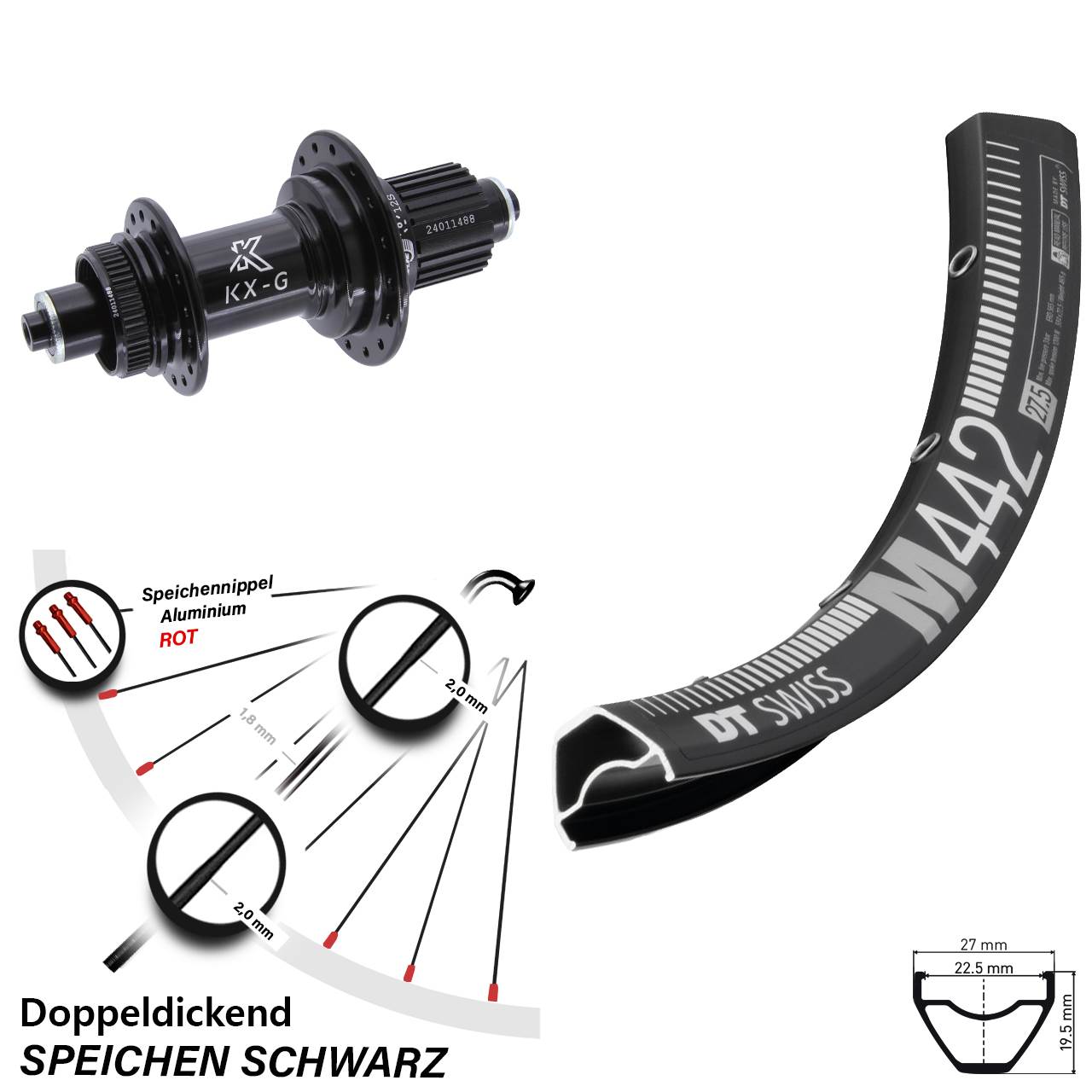 28 Zoll DT Swiss M 442 Hinterrad KX-G Micro Spline