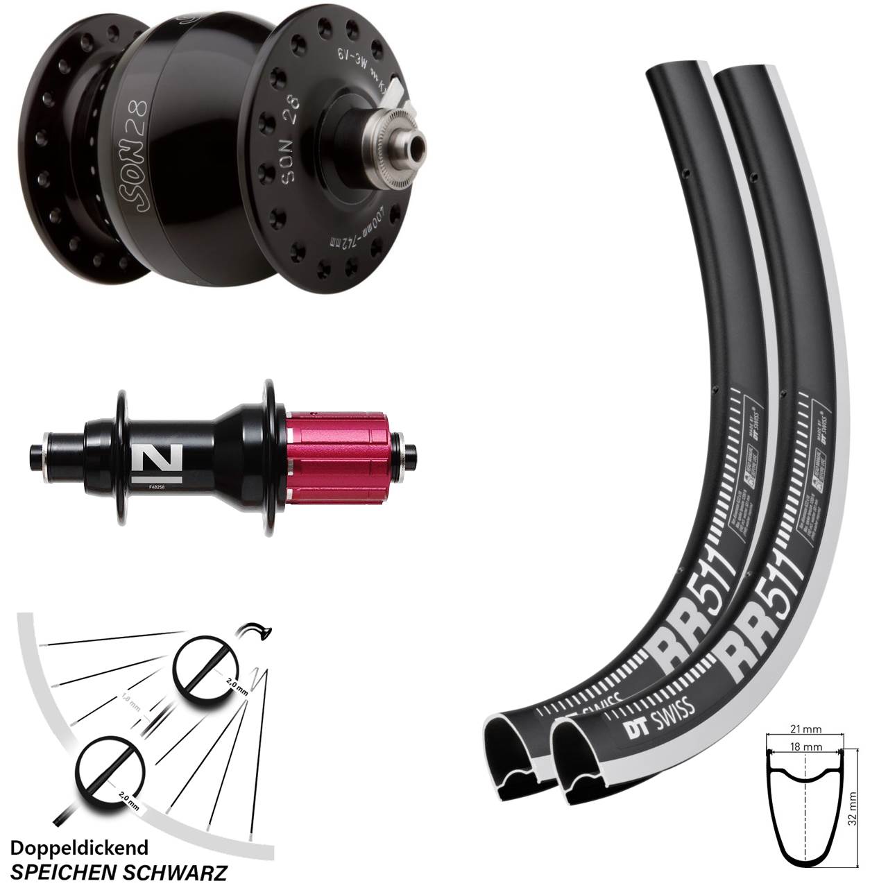 28 Zoll DT Swiss RR 511 Felgenbremse Radsatz 5x100/130 Novatec F482SB SL SON 28 8-12 fach