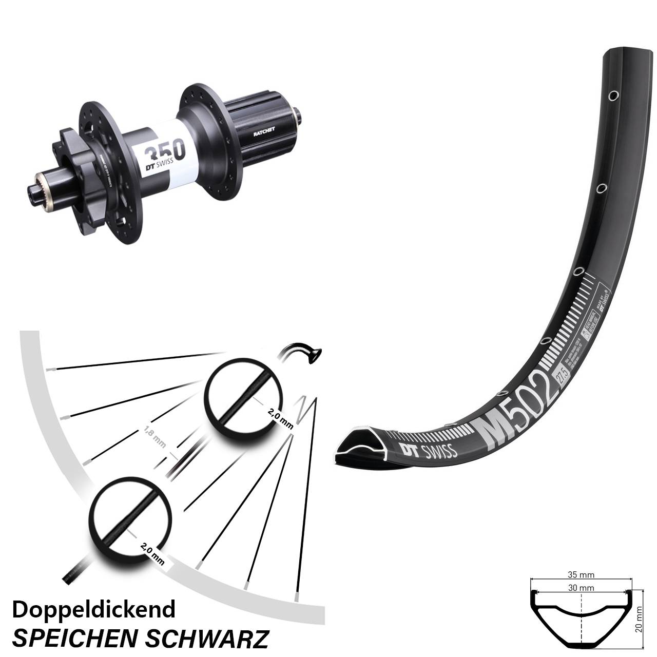 27,5 Zoll Hinterrad DT Swiss M502-350 6-Loch Boost QR 8-11 fach