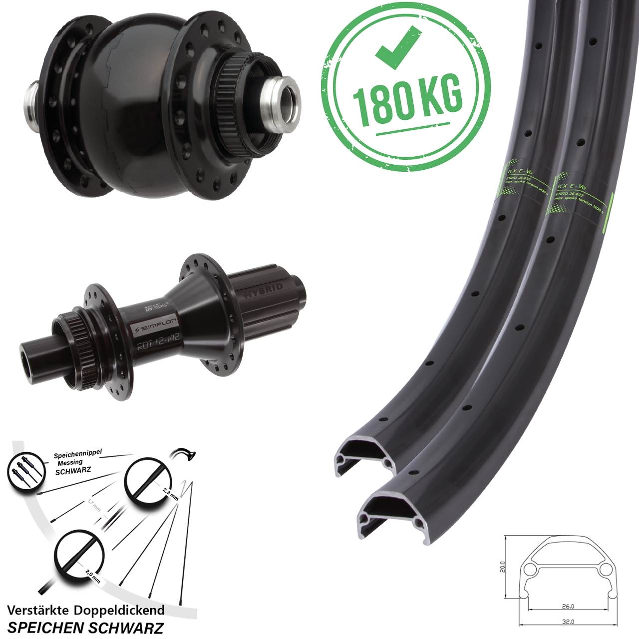 Disc Laufradsatz 20 Zoll KX Evo DT Swiss 370 Hybrid SON 28 Zoll 8-11 fach HG 12x100/142
