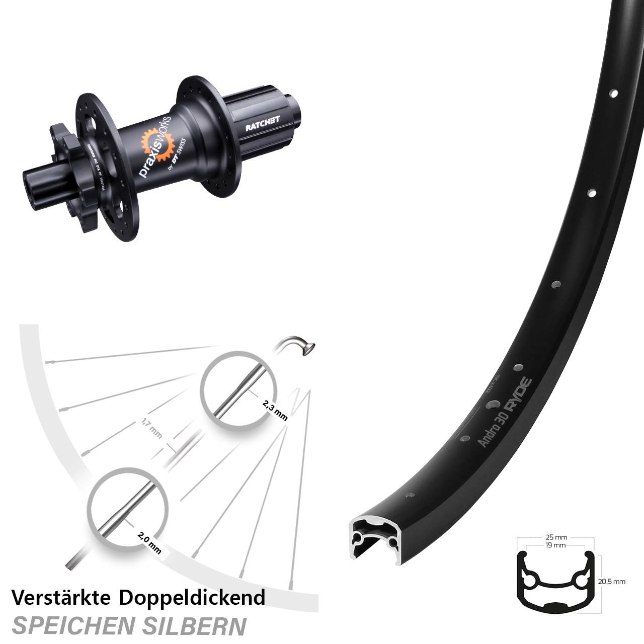Hinterrad 6-Loch 12x142 28 Zoll Ryde Andra 30 Disc DT Swiss 350 8-11 fach HG