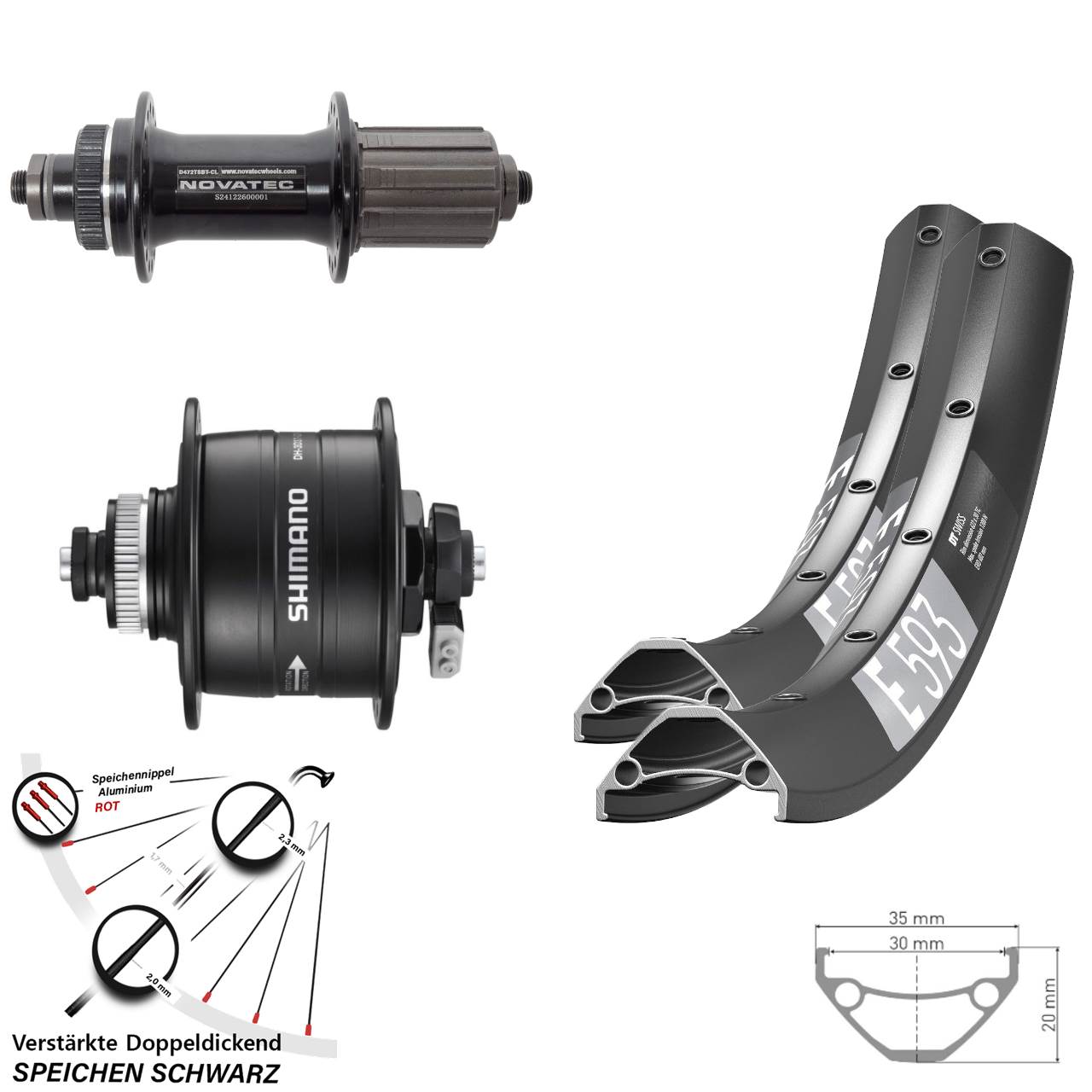 Disc Laufradsatz QR 29 Zoll DT Swiss E593 Novatec D472 Shimano DH-3D37 8-12 fach