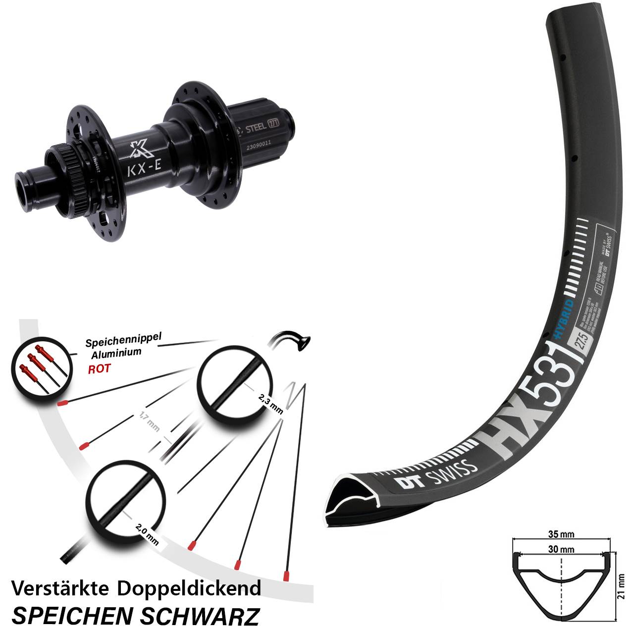 29 Zoll DT Swiss HX 531 KX-E Stahl Freilauf Boost Disc Hinterrad 12x148 8-12 fach HG
