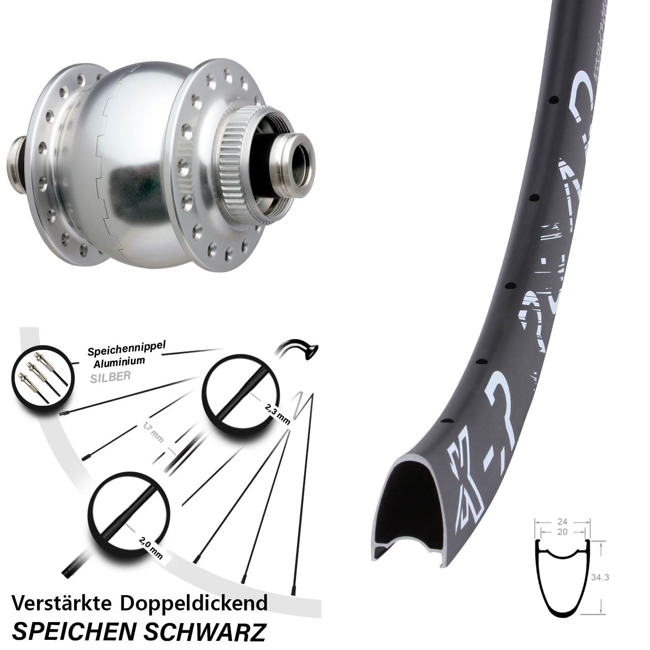 Nabendynamovorderrad Centerlock 12x100 28-29 Zoll KX-R Road SON 28