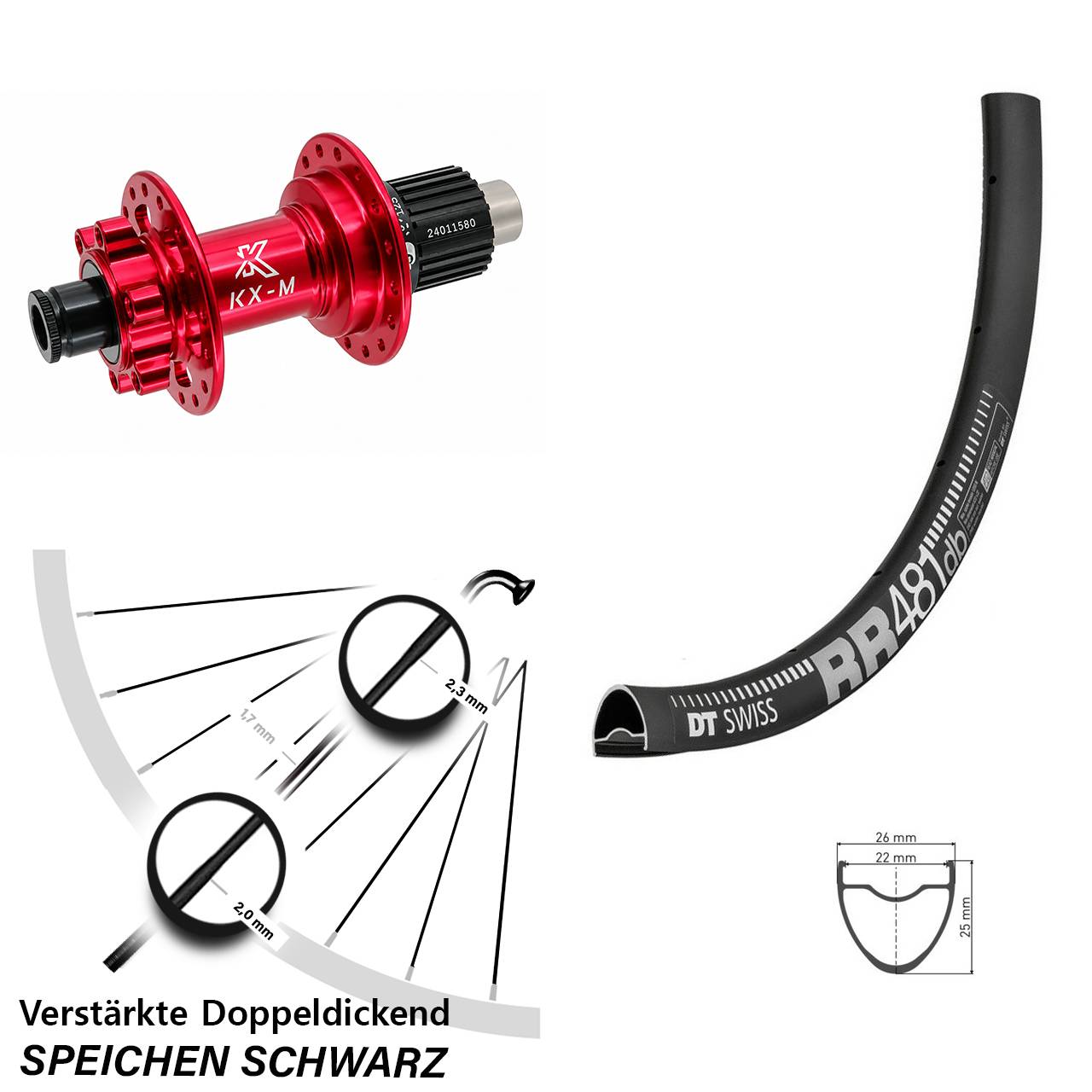 Hinterrad 6-Loch 12x142 28 Zoll DT Swiss RR481 KX-M rot Shimano Micro Spline