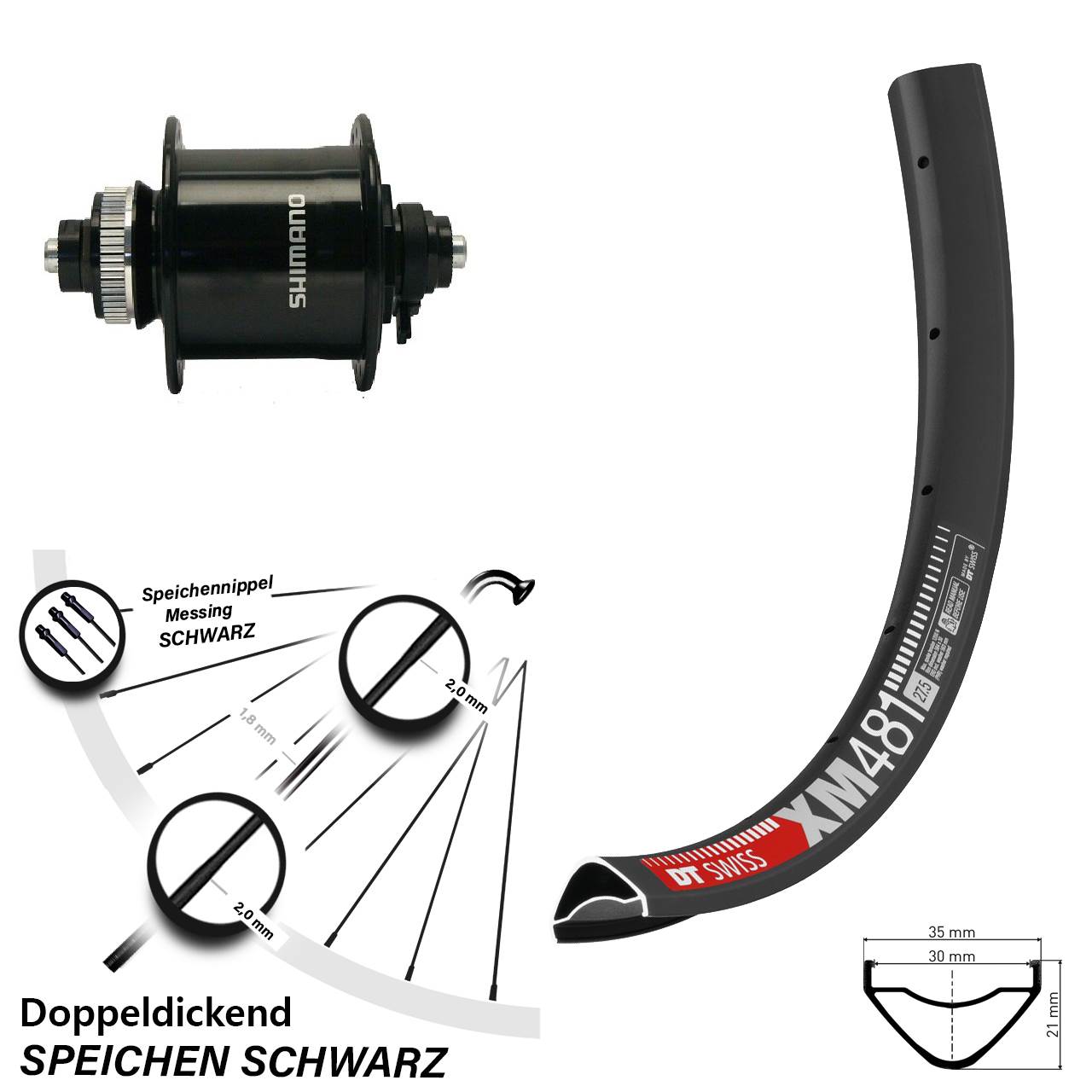 Disc Nabendynamovorderrad 27,5 Zoll DT Swiss XM481 Shimano DH-UR700-3D für Schnellspanner