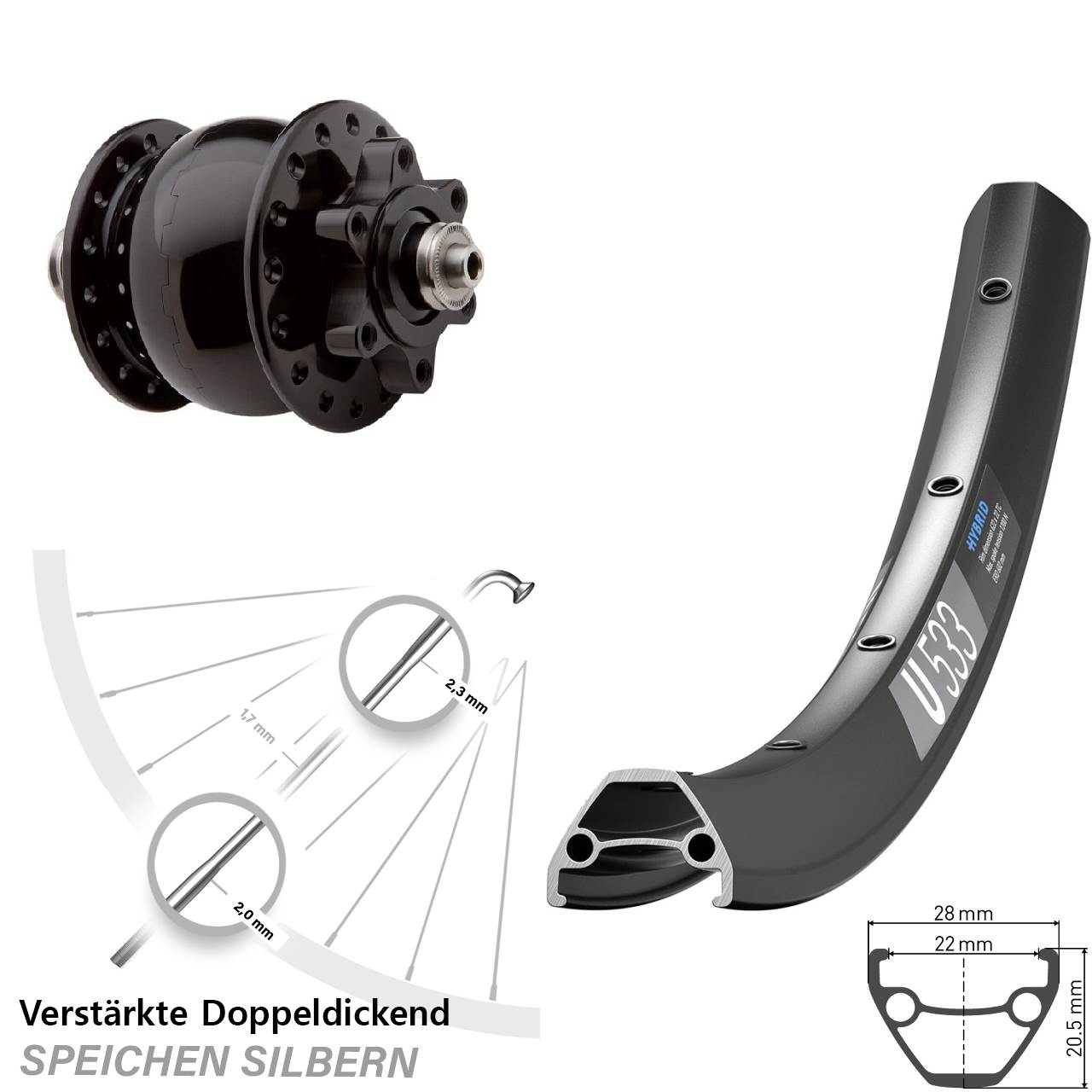 28 Zoll DT Swiss U533 SON 28 Dynamo-Vorderrad 6-Loch QR