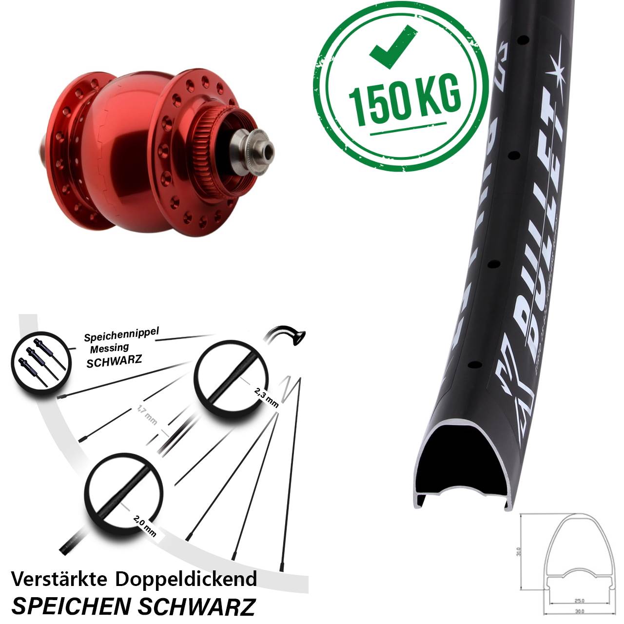 KX Bullet roter SON 28 Zoll Centerlock Vorderrad mit Nabendynamo für Schnellspanner