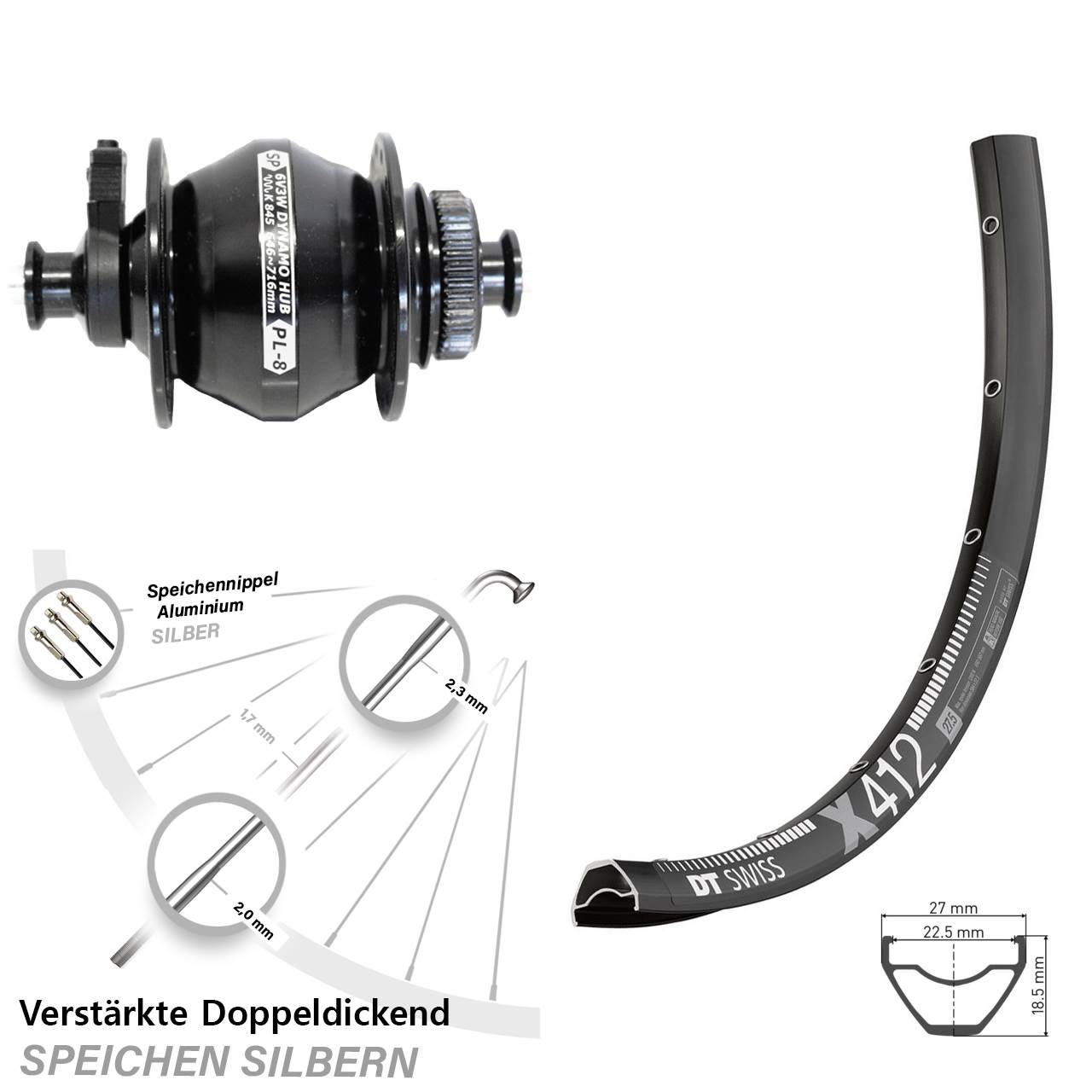 Disc 29 Zoll Vorderrad mit Nabendynamo QR DT Swiss X412 Shutter Precision PL-8
