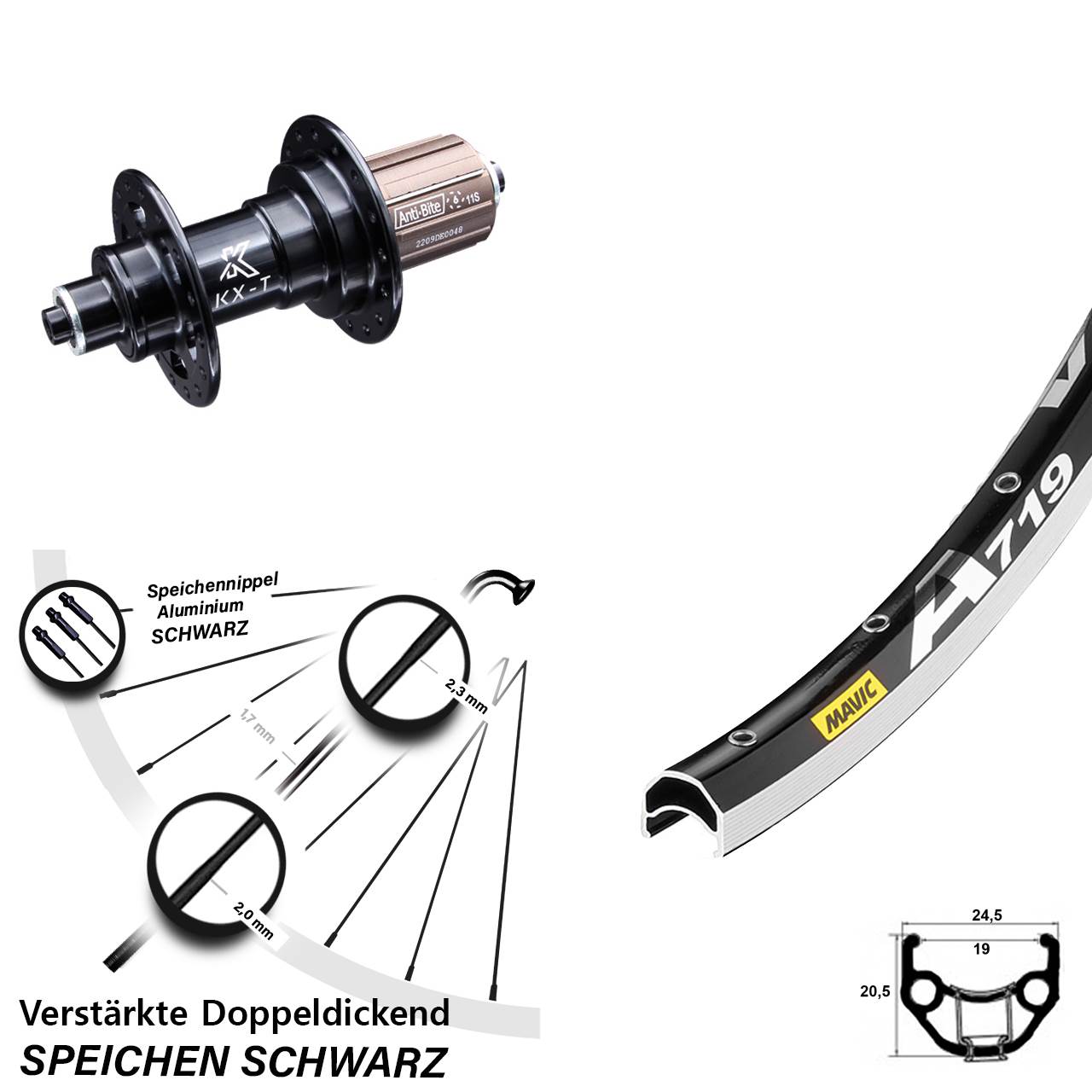 28 Zoll Laufrad Mavic A 719 KX-T 8-12 fach Felgenbremse 5/130 schwarz