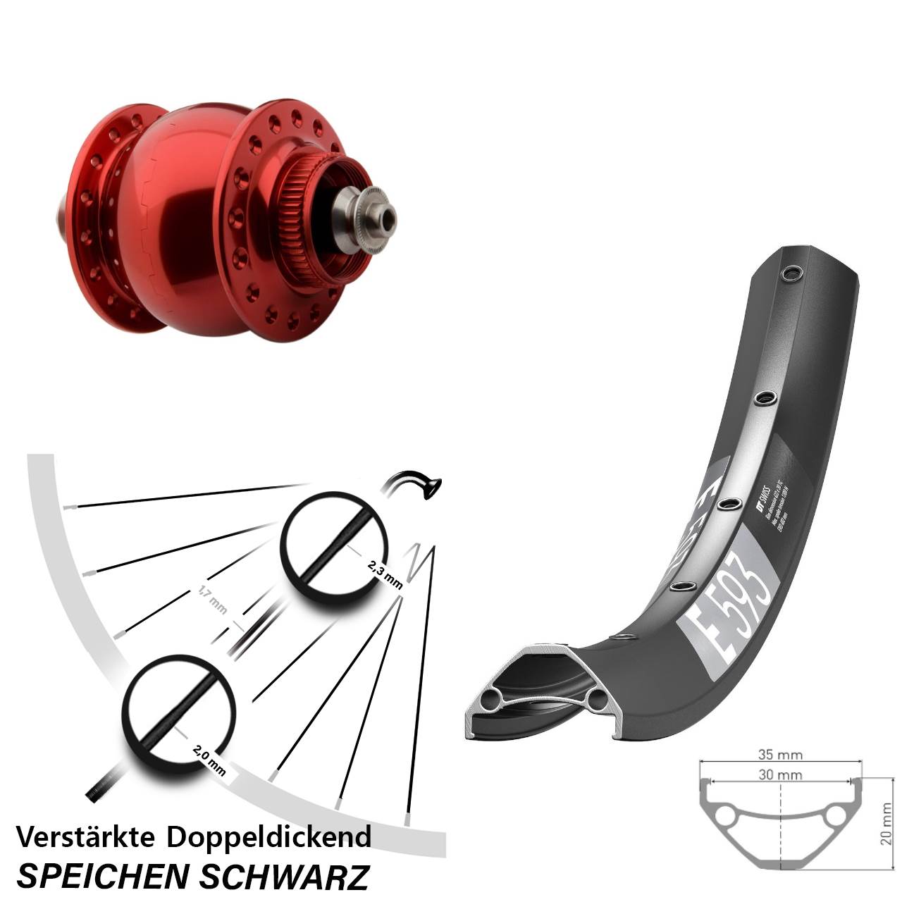 29 Zoll DT Swiss E593 SONdelux rot Disc Nabendynamolaufrad QR