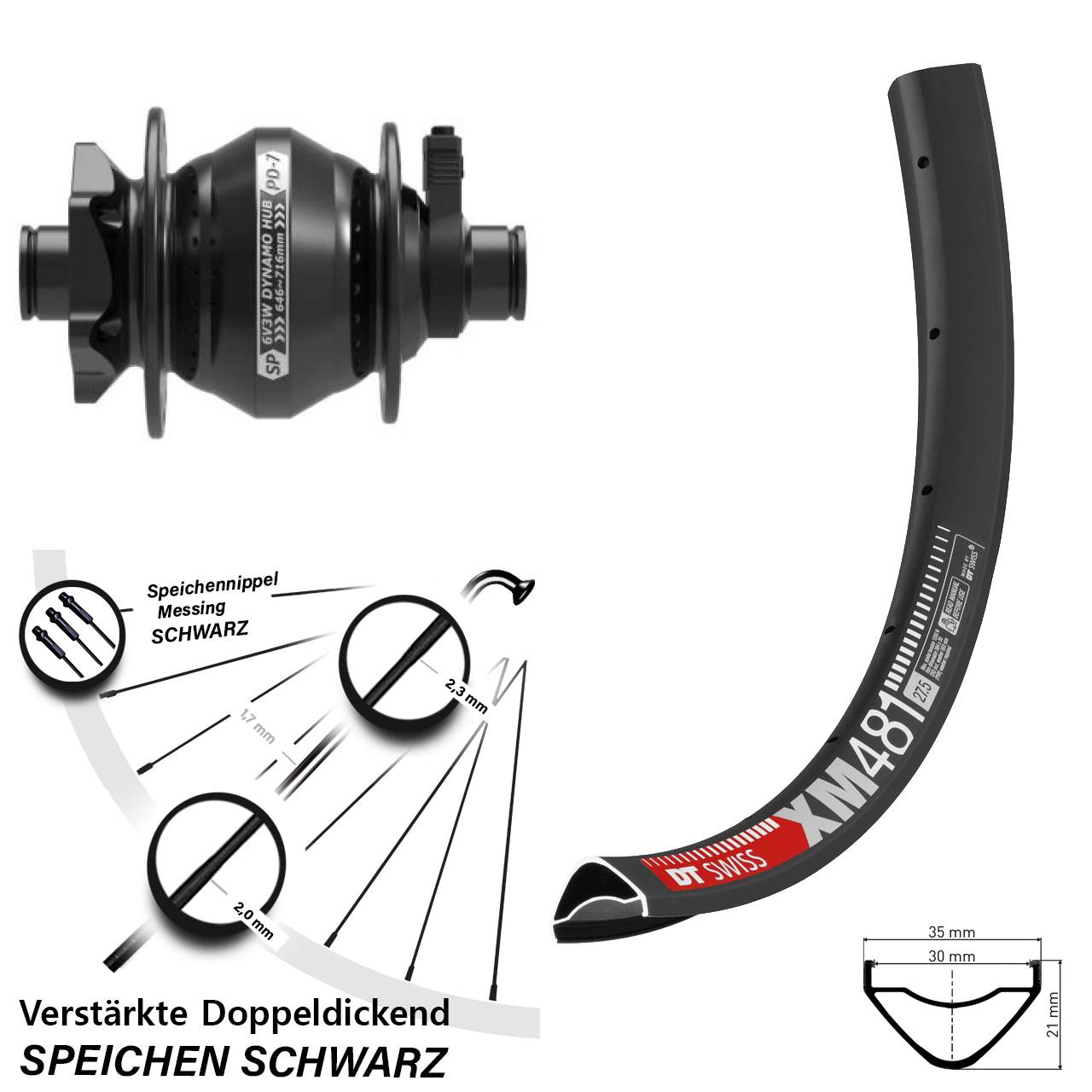 6-Loch Dynamo-Vorderrad 27,5 Zoll DT Swiss XM481 Shutter Precision PD-7 12x100