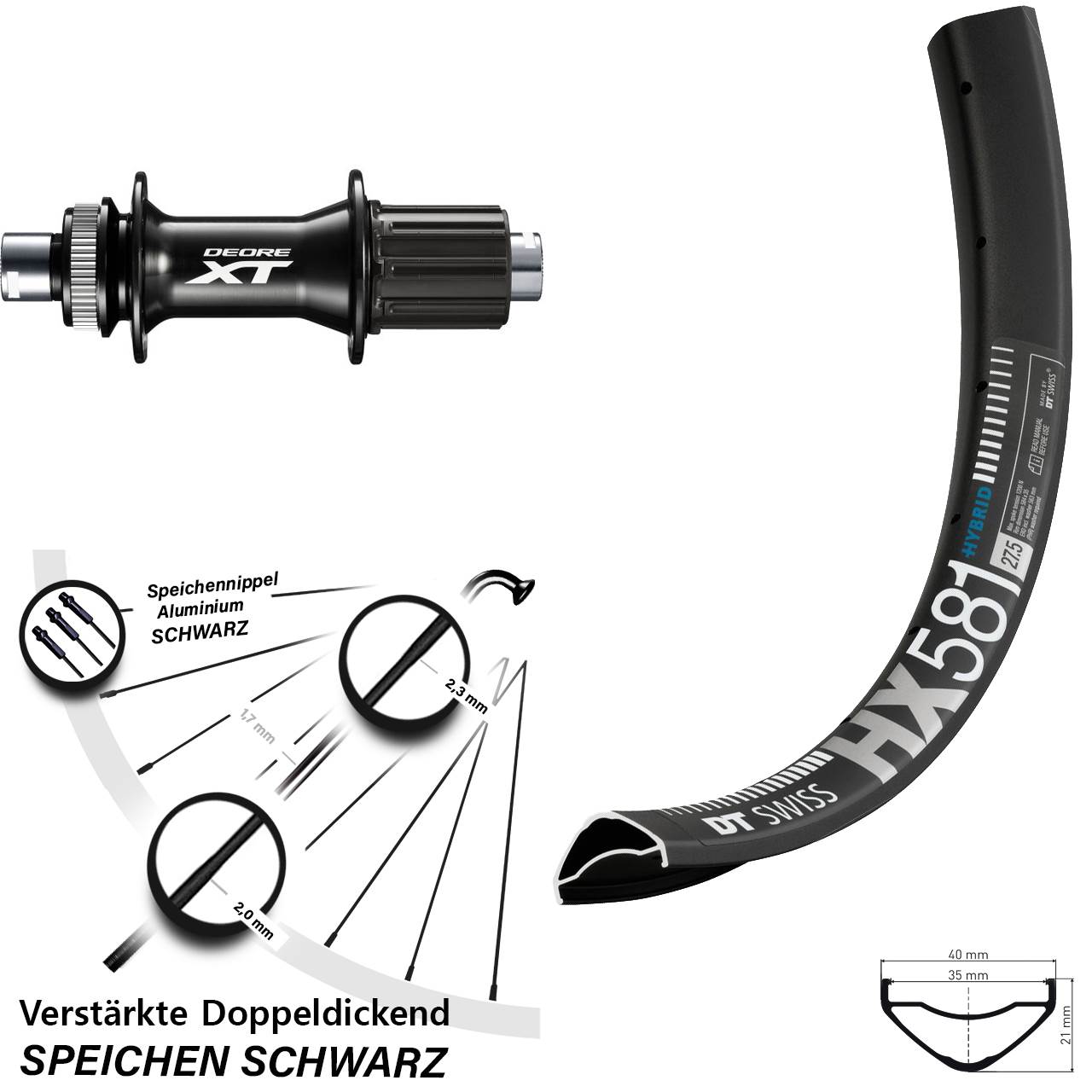 27,5 Zoll DT Swiss HX 581 Shimano XT FH-M8010-B Boost Disc Laufrad 12x148 Boost 8-11 fach
