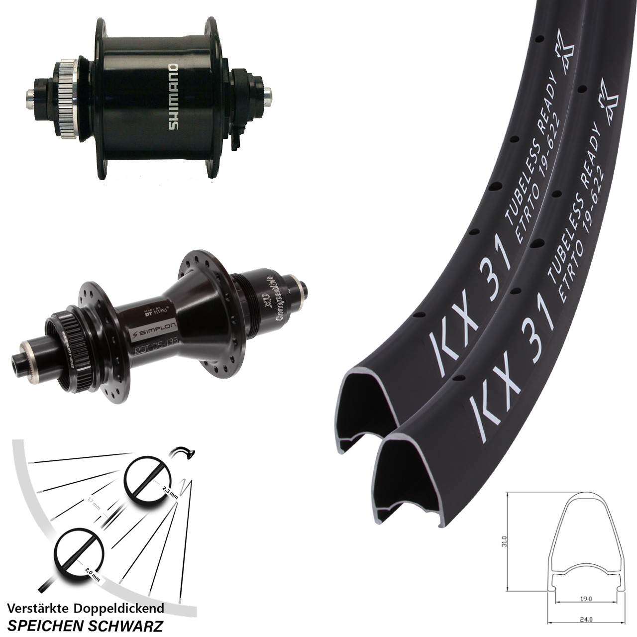 Disc Laufrad-Satz 28 Zoll KX 31 DT Swiss 370 Shimano DH-UR700-3D SRAM XD QR