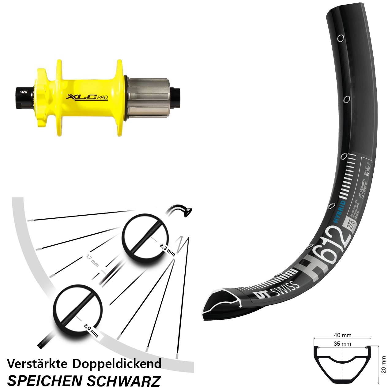 Hinterrad 6-Loch 27,5 Zoll DT Swiss H 612 XLC gelb 8-11 fach 12x142