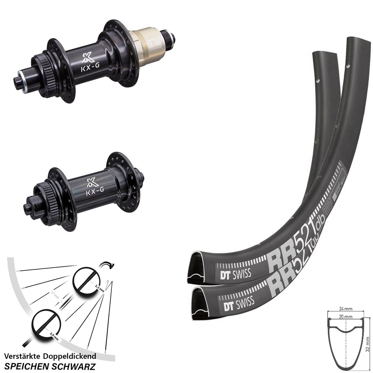 28 Zoll DT Swiss RR521 KX-G Disc Laufradsatz für Schnellspanner SRAM XDR