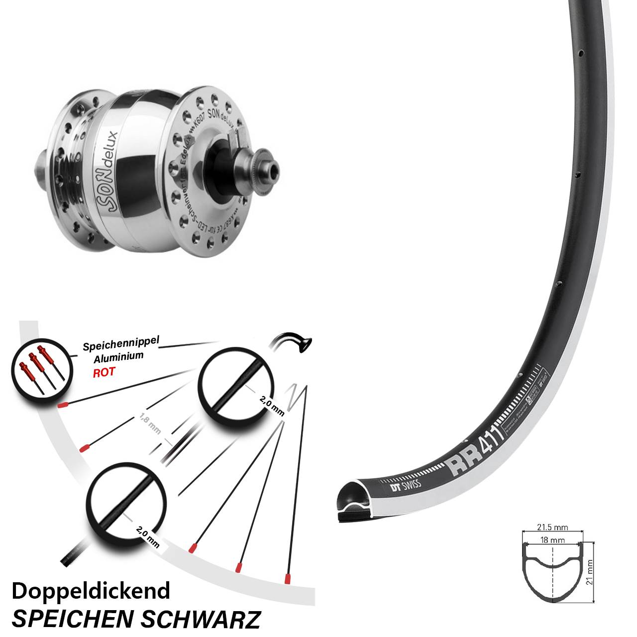 Nabendynamolaufrad für Schnellspanner 28 Zoll DT Swiss RR411 SON delux
