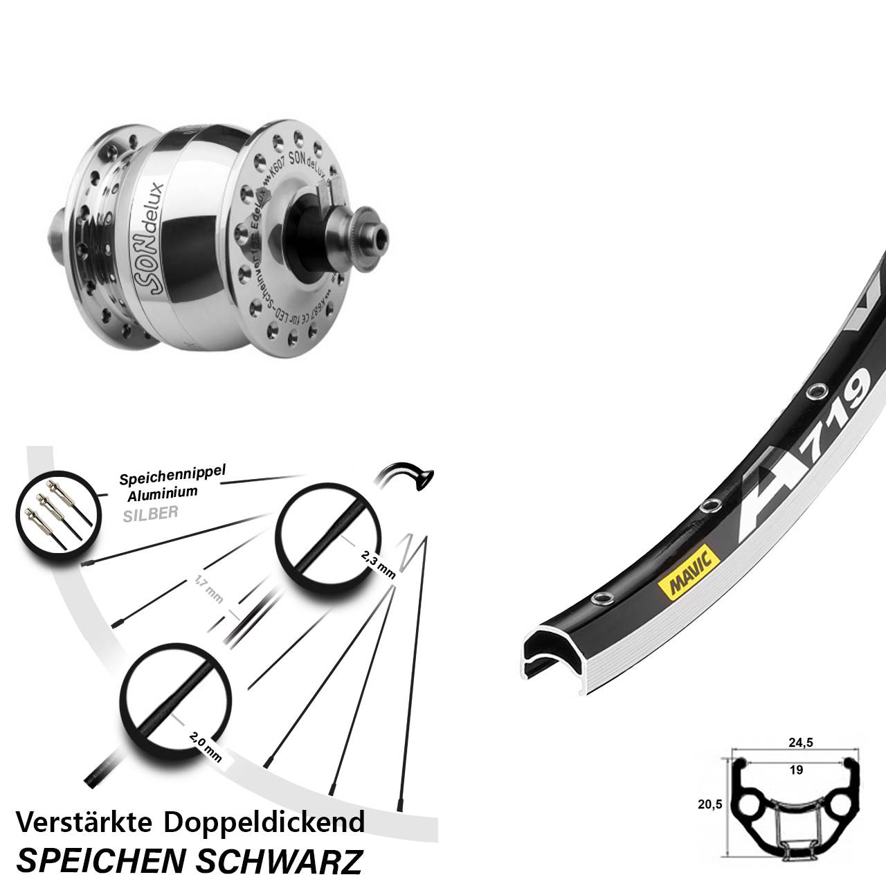 Nabendynamolaufrad 28 Zoll Mavic A 719 SONdelux poliert QR