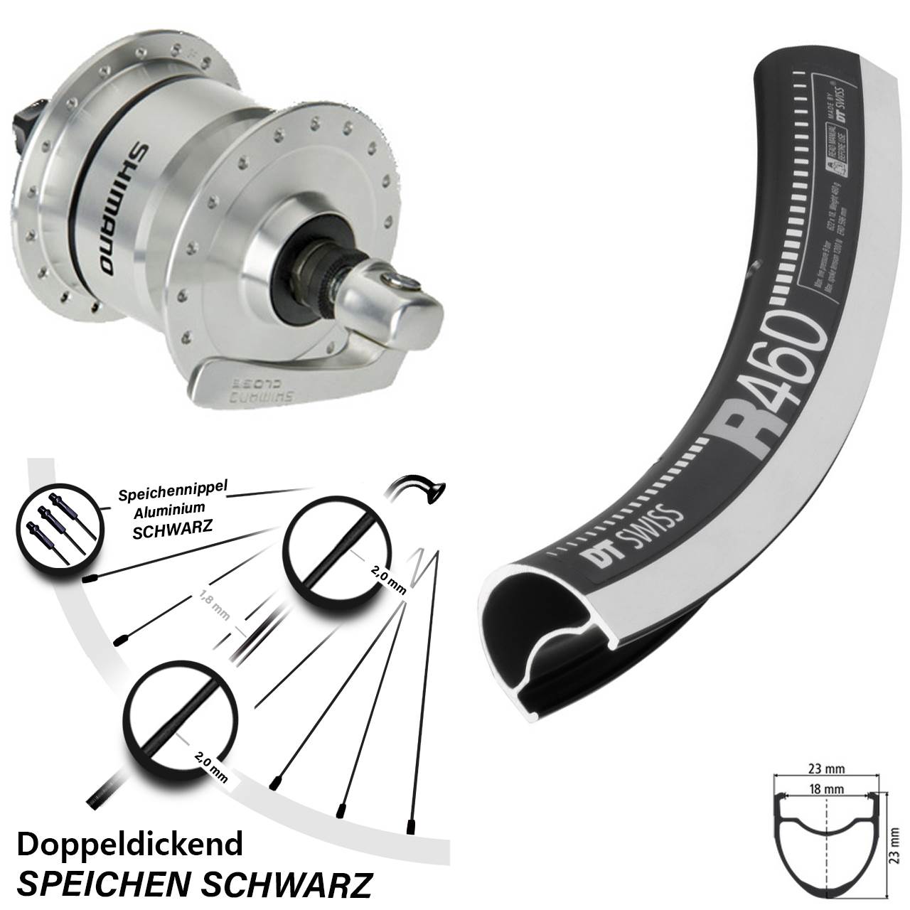 Vorderes Rad mit Nabendynamo Shimano DH-3N72 DT Swiss R 460 28 Zoll