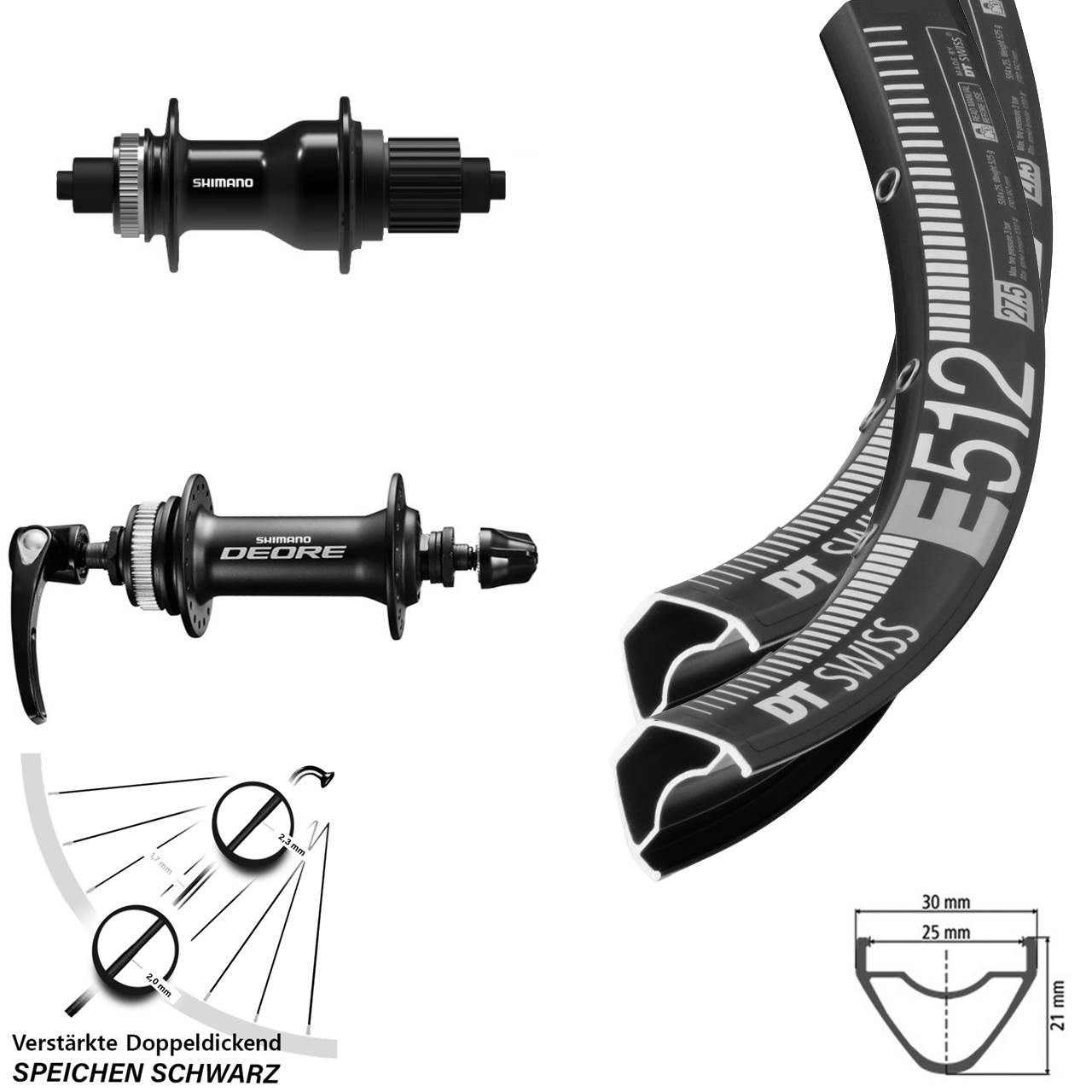Laufradsatz Disc 29 Zoll DT Swiss E512 Shimano Deore FH-QC500 Shimano Micro Spline QR