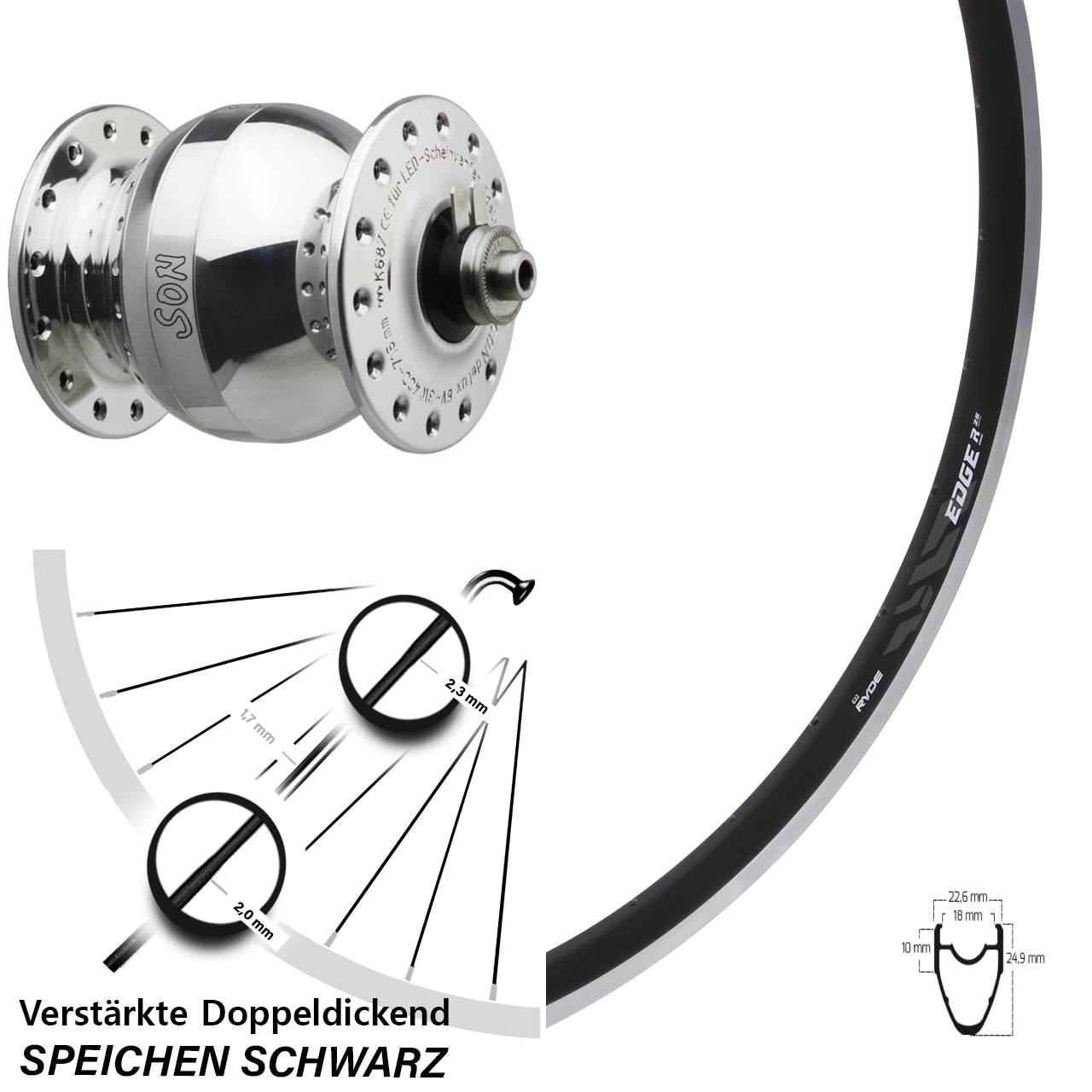SONdelux wide body Ryde Edge R25 28 Zoll Nabendynamovorderrad für Schnellspanner