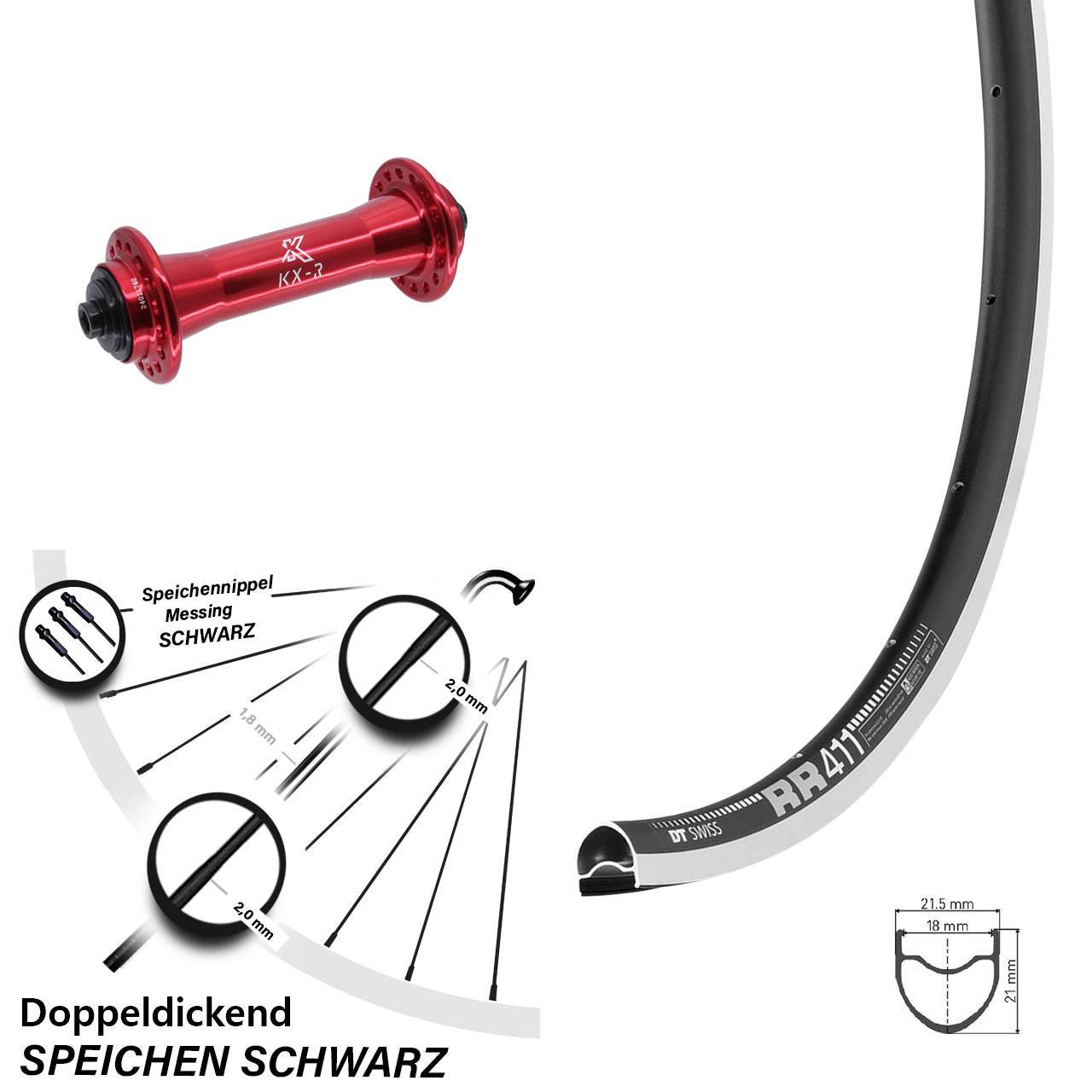 Vorderrad QR 28 Zoll DT Swiss RR411 KX-R rot