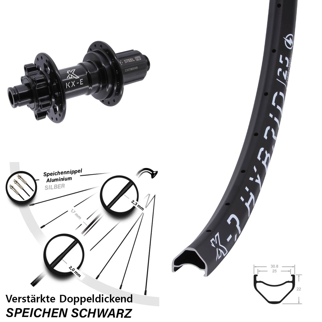 Disc Hinterrad 28-29 Zoll KX-R Hybrid 25 E-Bike Heavy Duty 8-12 fach 12x148 Boost 6-loch