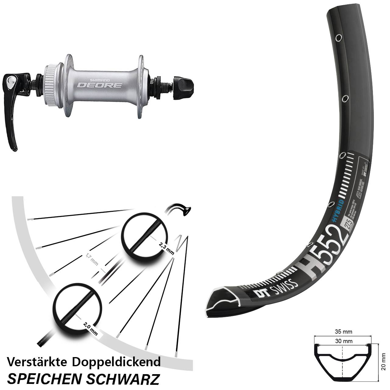 Vorderrad Centerlock 29 Zoll DT Swiss H552 Shimano Deore HB-M6000 für Schnellspanner