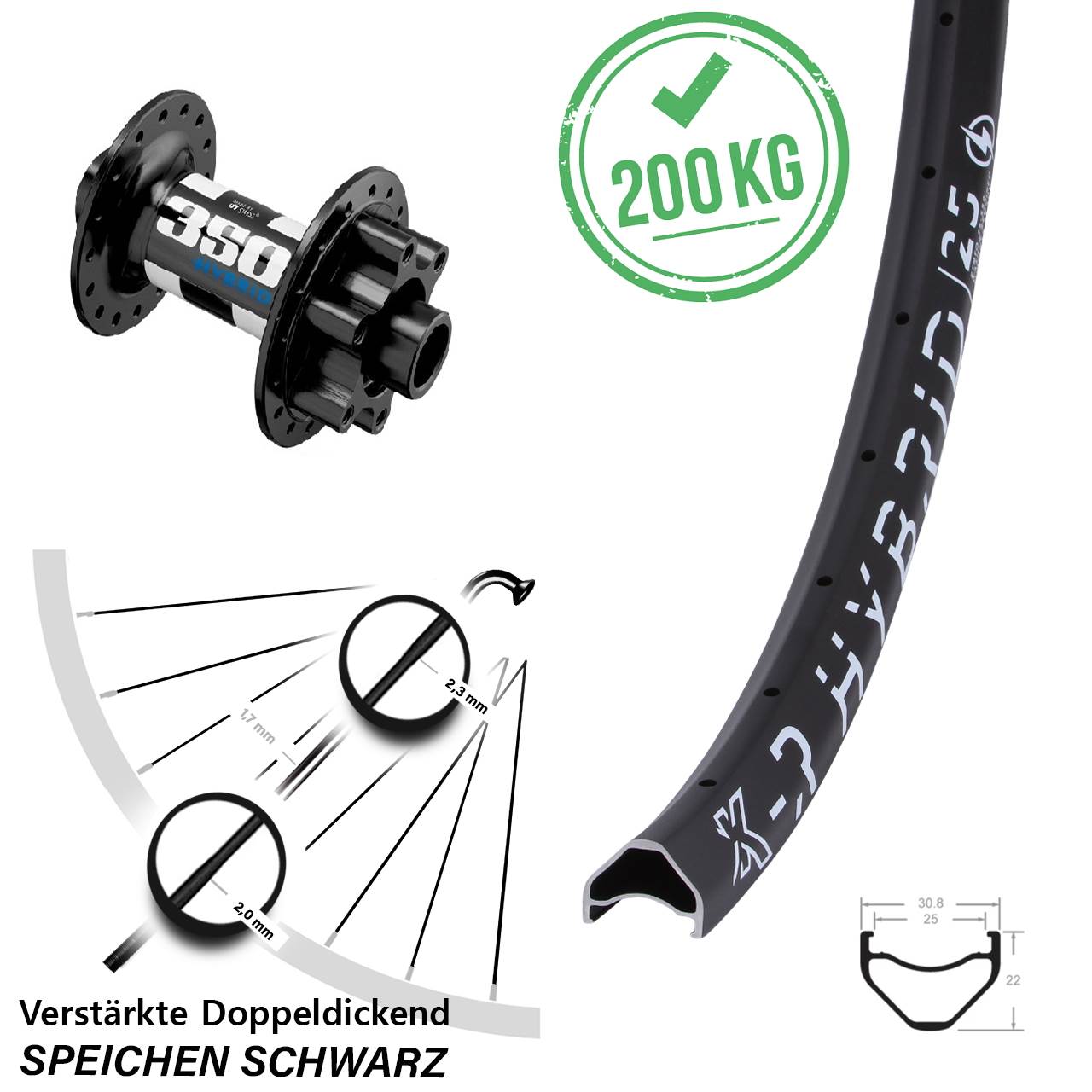 26 Zoll KX-R Hybrid 25 DT Swiss 350 E-Bike 6-Loch Vorderrad 15x110 Boost