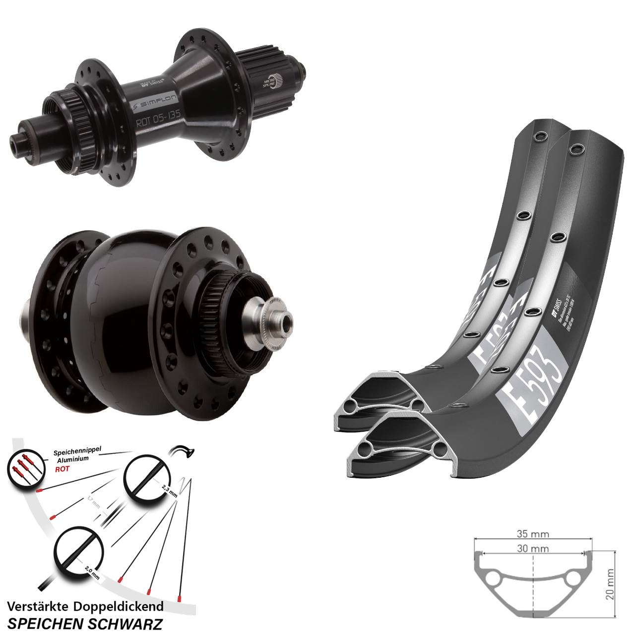 29 Zoll DT Swiss E593 370 Hybrid SON 28 Centerlock Laufradsatz QR Micro Spline