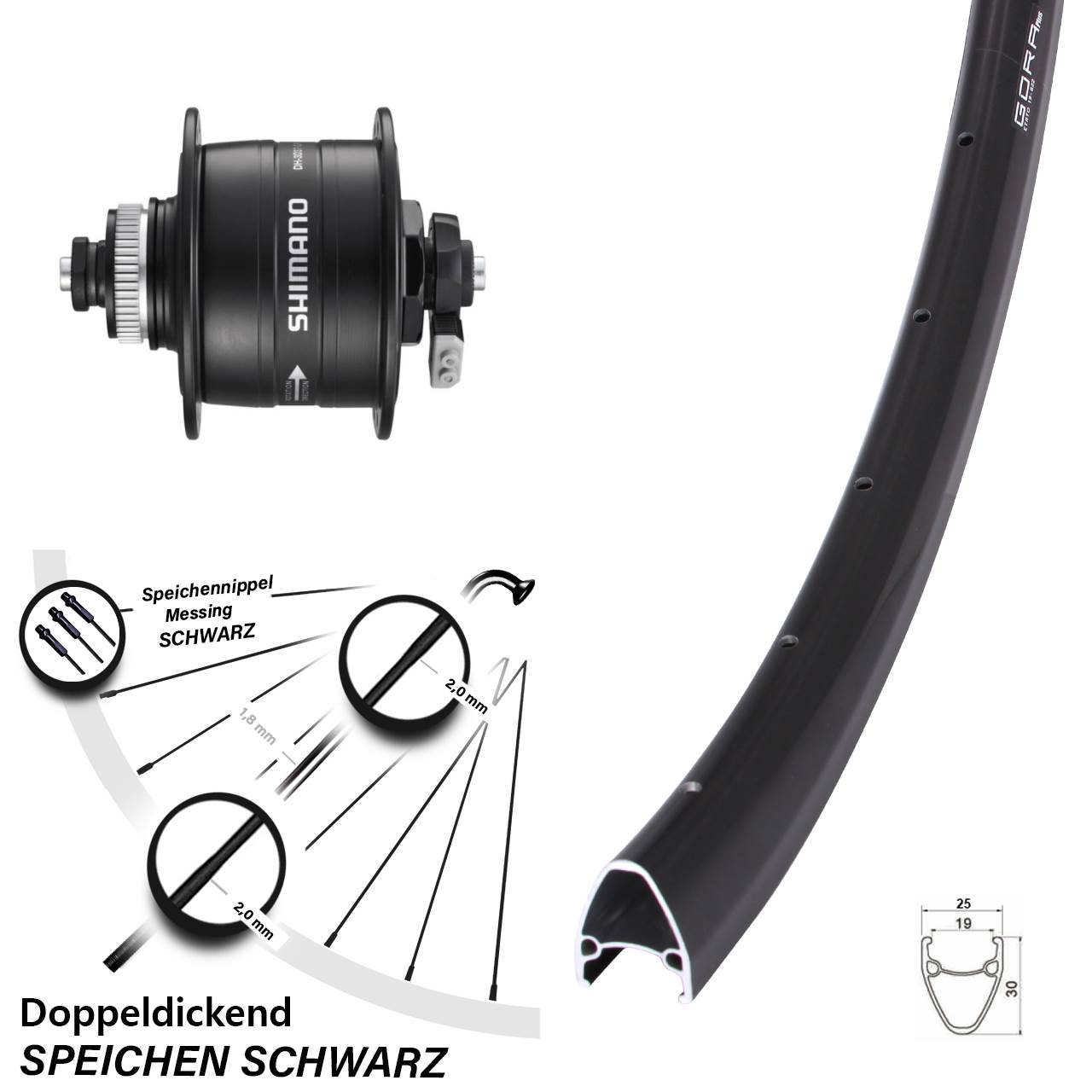 Gora Plus Shimano DH-3D37 28 Zoll Disc Laufrad mit Nabendynamo für Schnellspanner