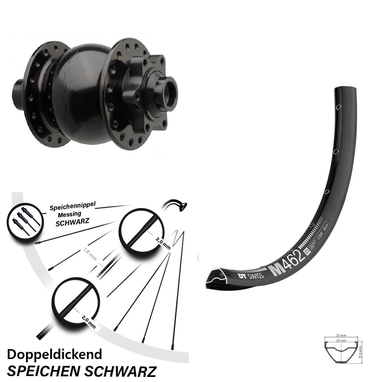 29 Zoll 6-Loch Dynamo-Vorderrad DT Swiss M462 SON 28 15x110 Boost