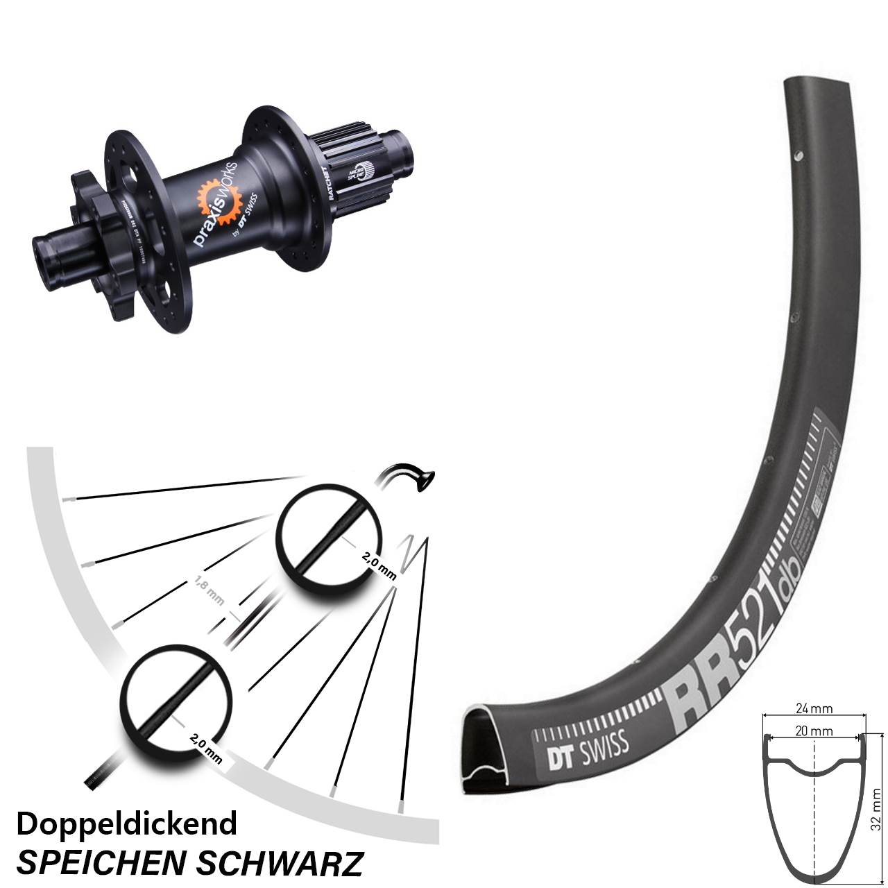 28 Zoll DT Swiss RR 521-350 Hinterrad 6-Loch 12x142 Micro Spline