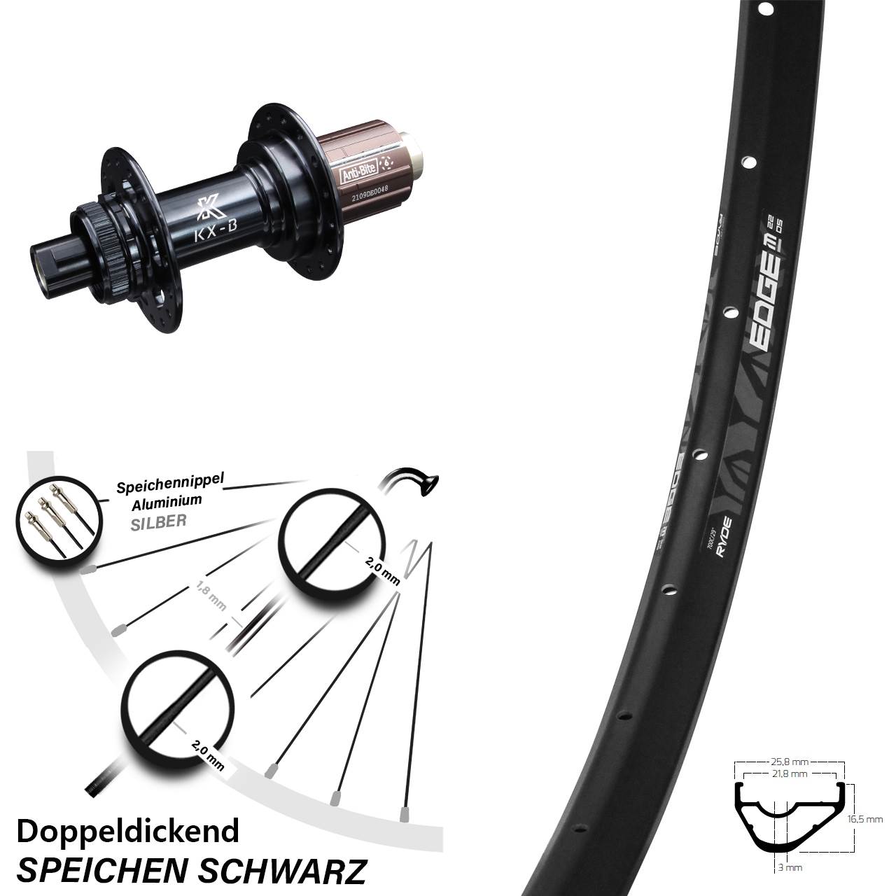 Ryde Edge M22 leichtes Hinterrad 29 Zoll KX-B Boost 12x148 mm Centerlock 8-12 fach