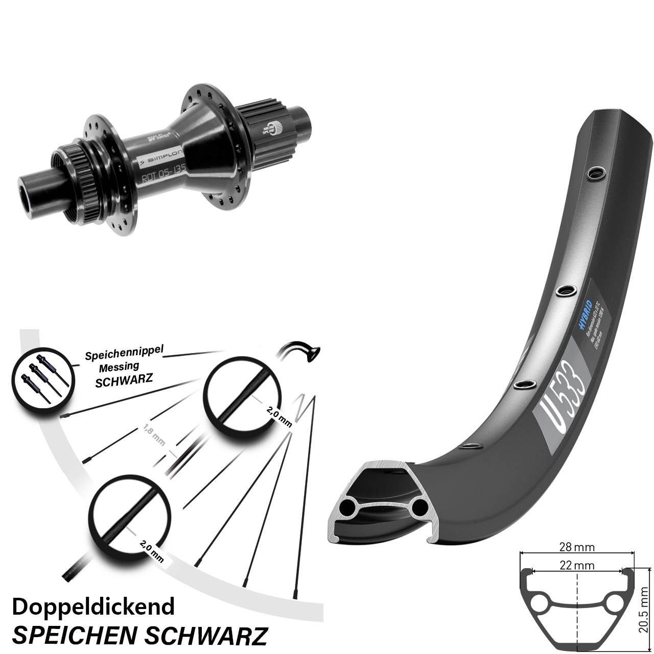 DT Swiss U533-370 Hybrid 28 Zoll Hinterrad Centerlock 12x142 Shimano Micro Spline