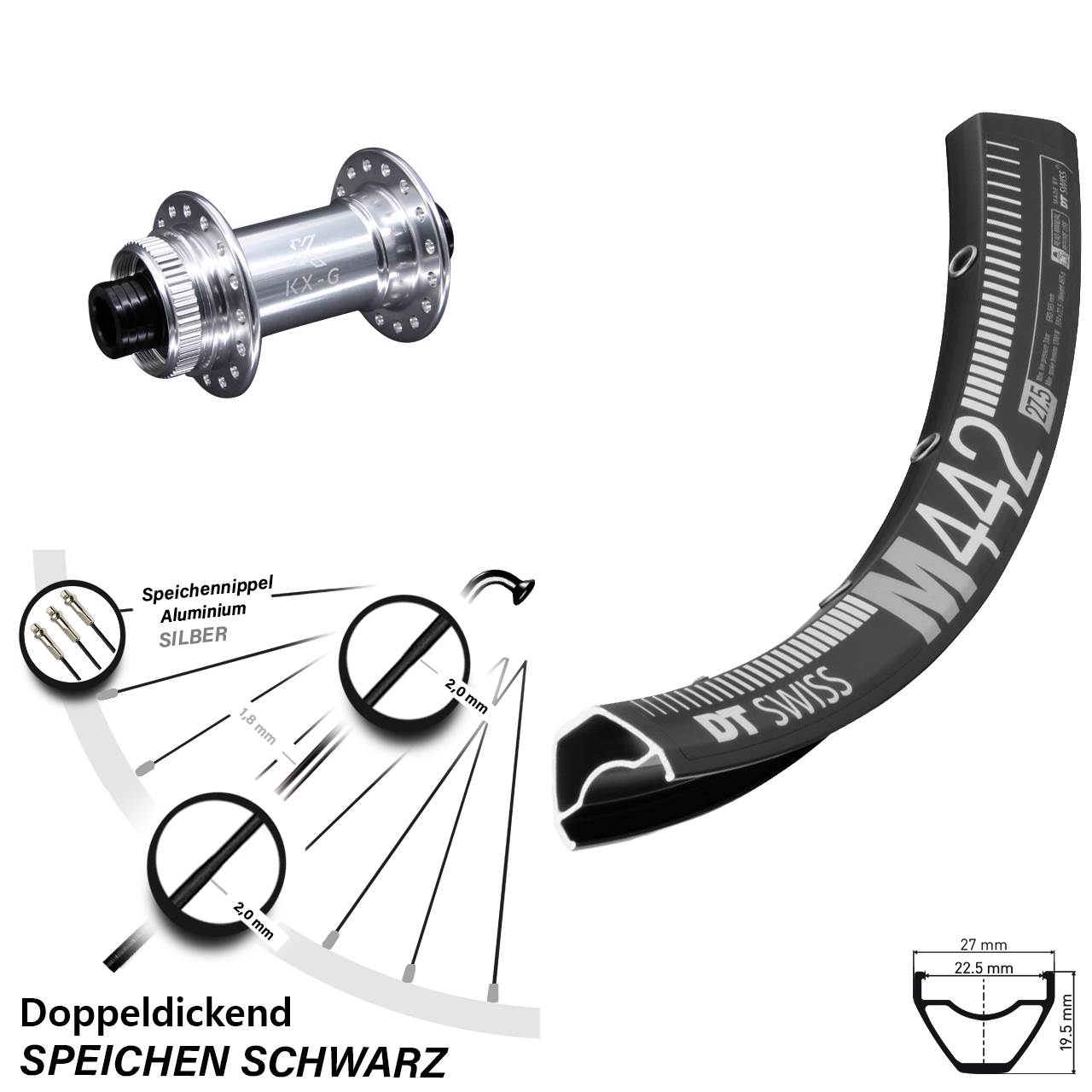 29 Zoll Vorderrad DT Swiss M 442 KX-G silbern Steckachse 15x100 mm MTB
