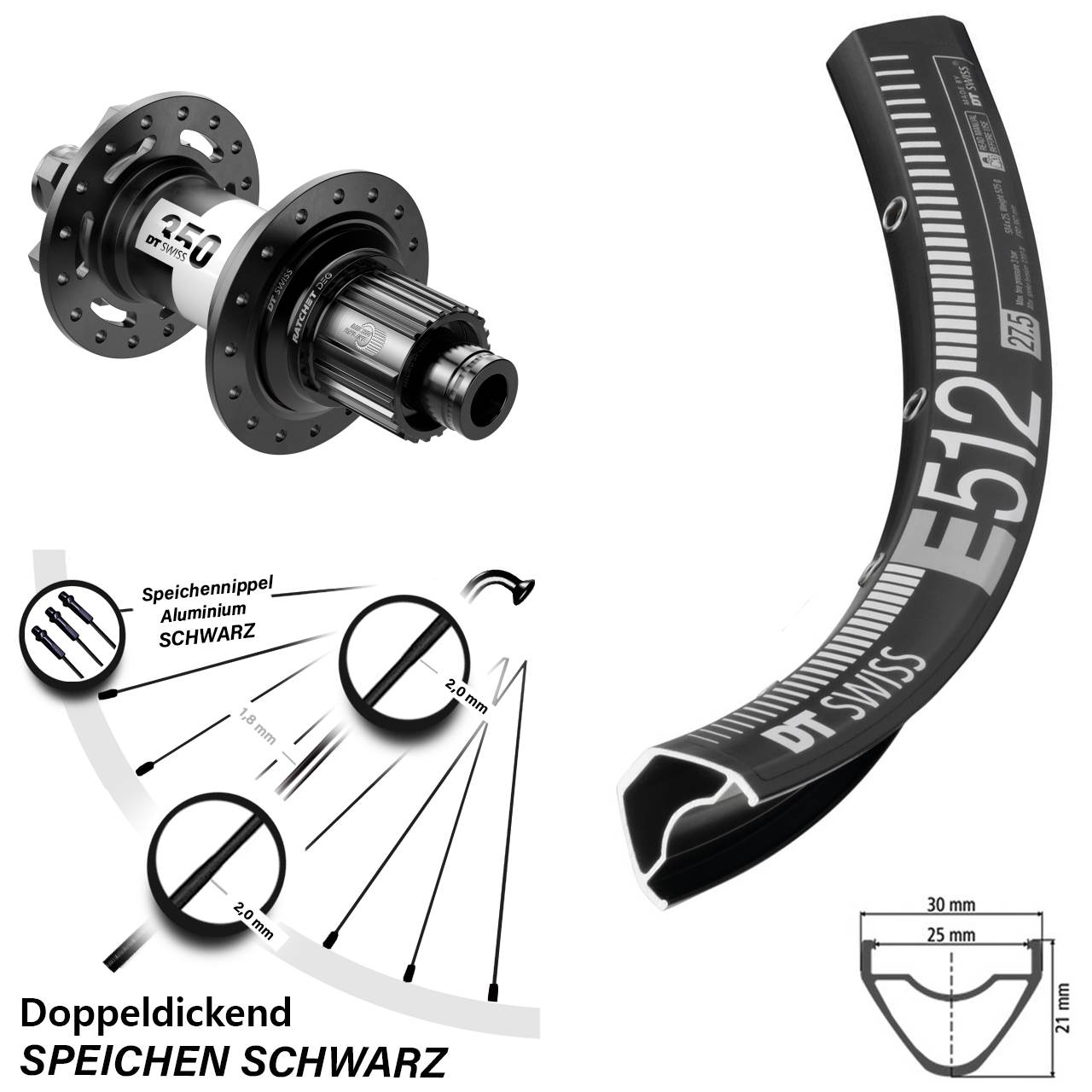 DT Swiss E 512-350 DEG72 27,5 Zoll Hinterrad 6-Loch 12x148 Micro Spline