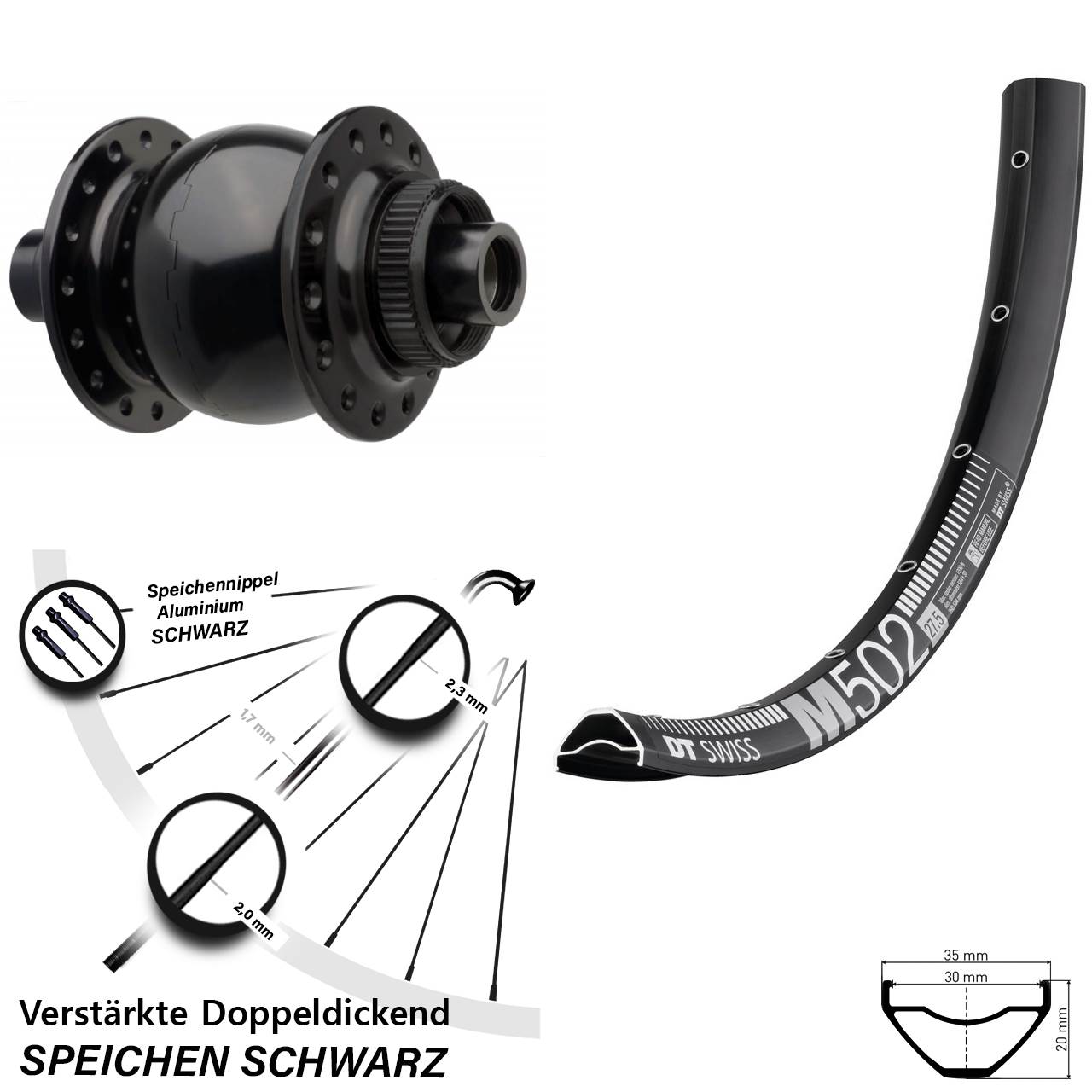 Vorderrad Dynamo DT Swiss M 502 SON 28-15 Disc Centerlock Steckachse 110 Boost schwarz