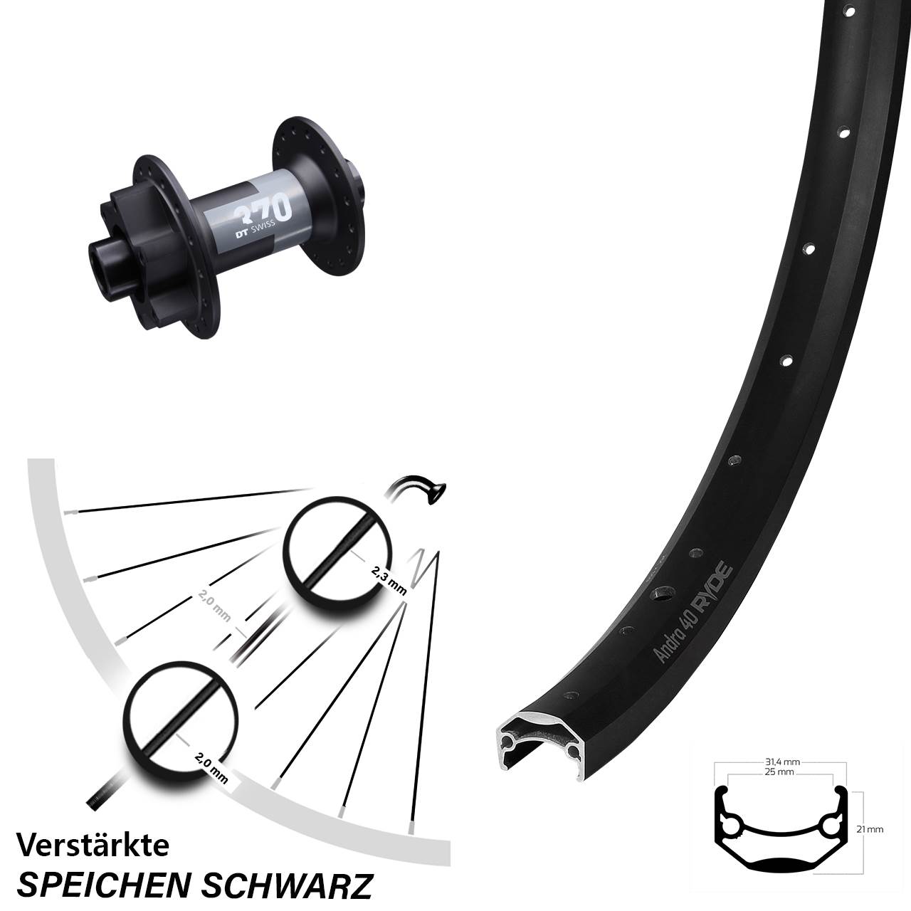 24 Zoll Ryde Andra 40 Disc Vorderrad 6-Loch DT Swiss 370 15x100