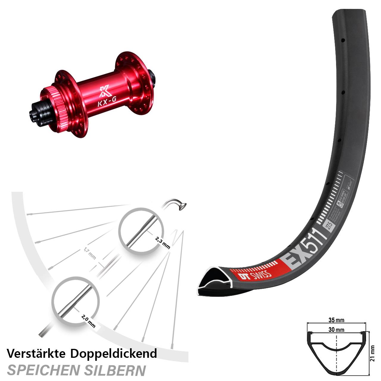 Disc Laufrad 29 Zoll DT Swiss EX 511 KX-G rot QR