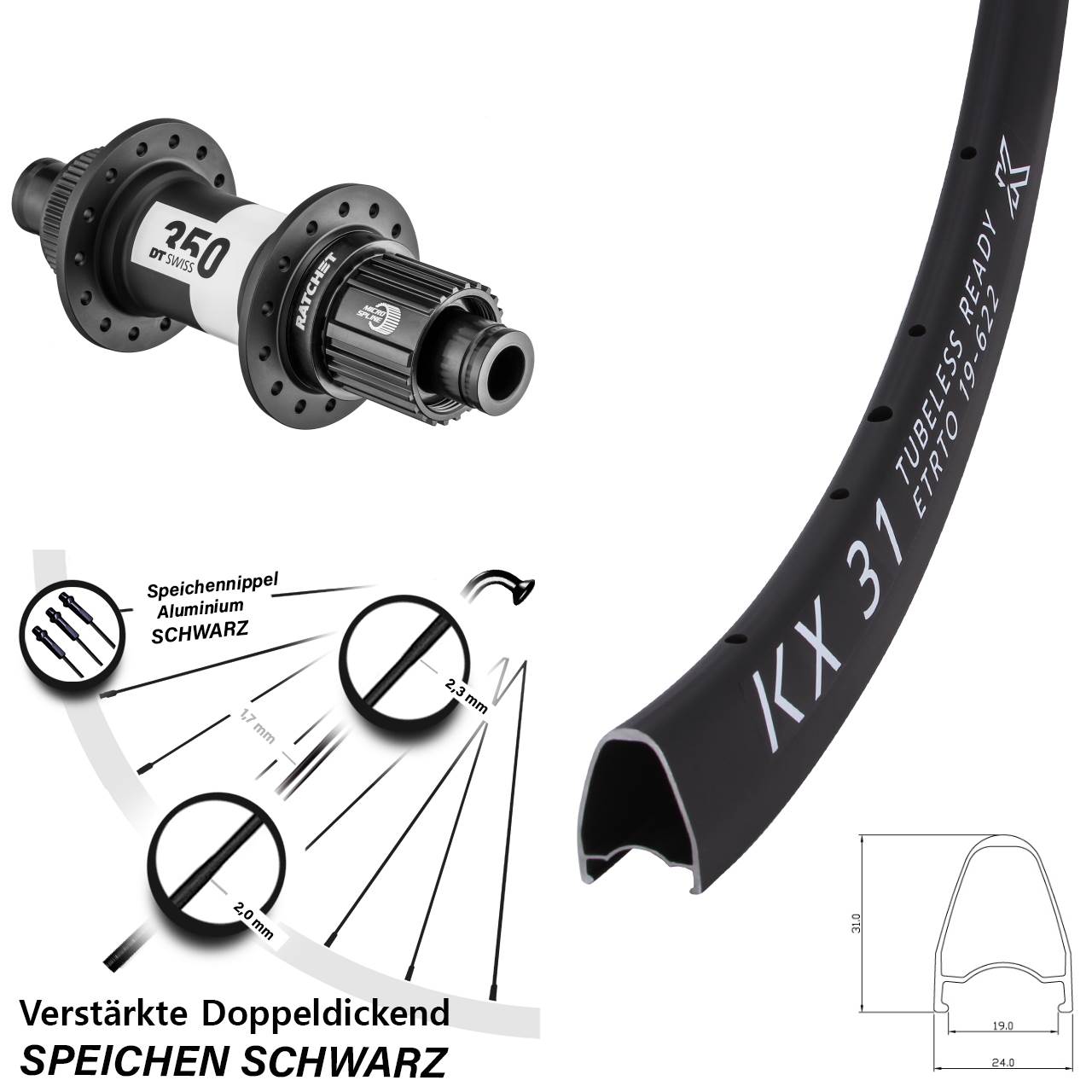 Hinterrad Centerlock 12x142 28 Zoll KX 31 DT Swiss 350 Shimano Micro Spline