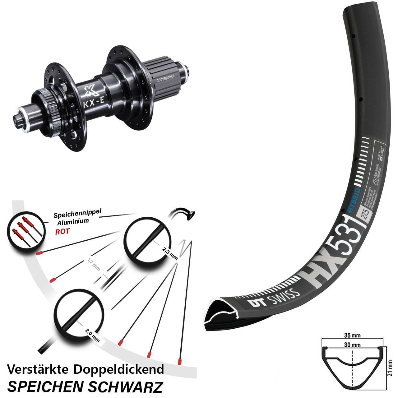 DT Swiss HX 531 Hinterrad 29 Zoll verstärkt KX-E 5x135 mm Centerlock Micro Spline 12-fach