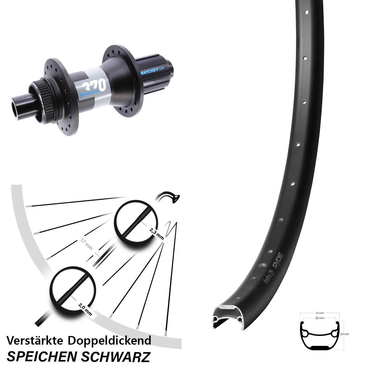 Centerlock Hinterrad 29 Zoll Ryde Andra 25 DT Swiss 370 Hybrid 8-11 fach HG 12x148
