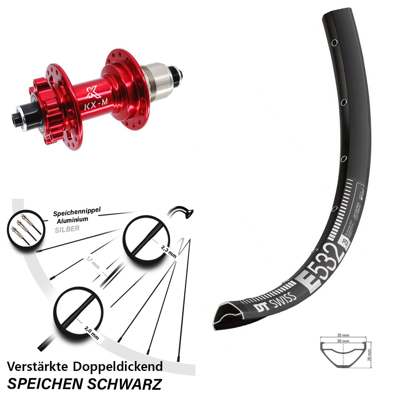 29 Zoll DT Swiss E 532 KX-M rot 6-Loch Hinterrad für Schnellspanner SRAM XD
