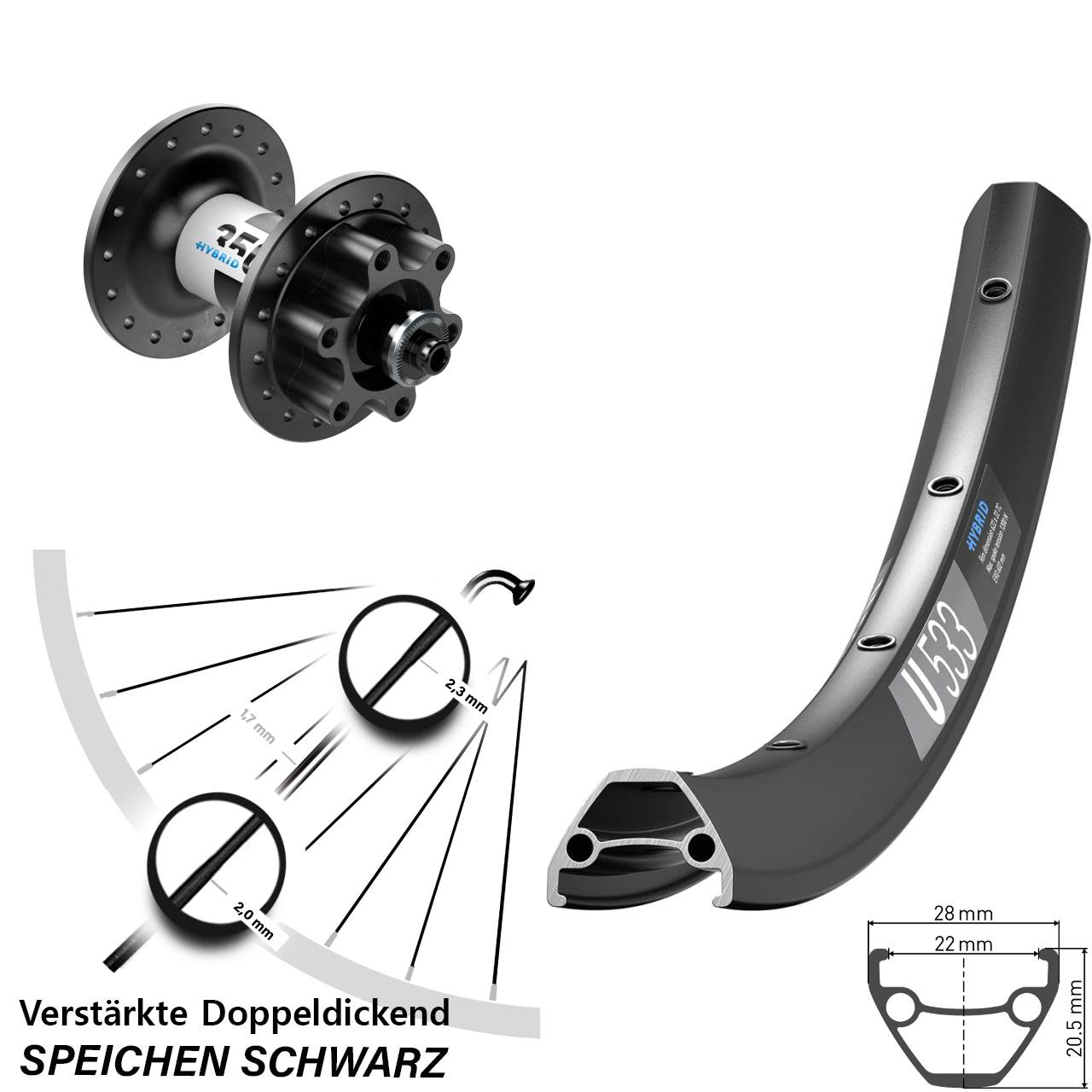 28-29 Zoll DT Swiss U 533-350 Hybrid 6-Loch Vorderrad QR